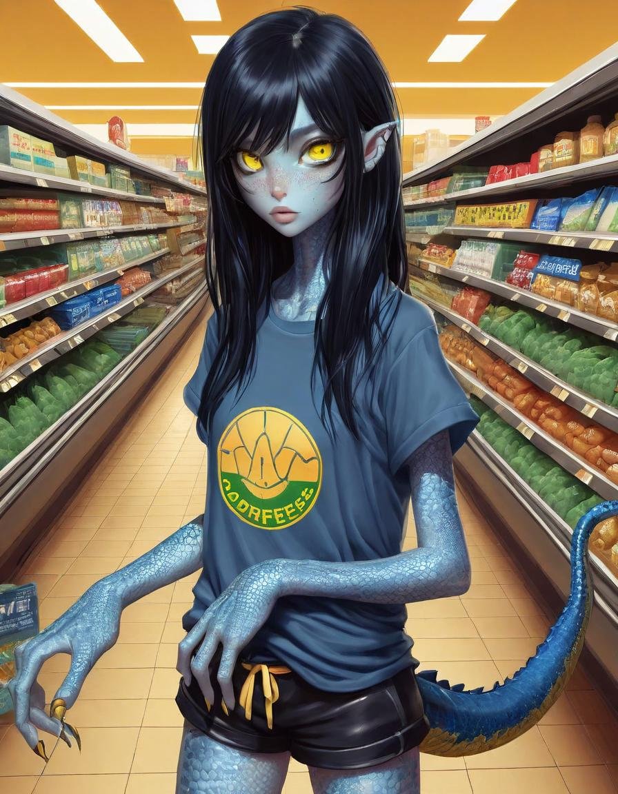 blue reptilian girl , near a (walking through a supermarket :1.2), long black hair, yellow eyes, narrow long mouth ,  (oversized black t-shirt, shorts:1.1) , leggings, , body freckles,scales, <lora:SG2:1>, <lora:add-detail-xl:.4>intricate detail