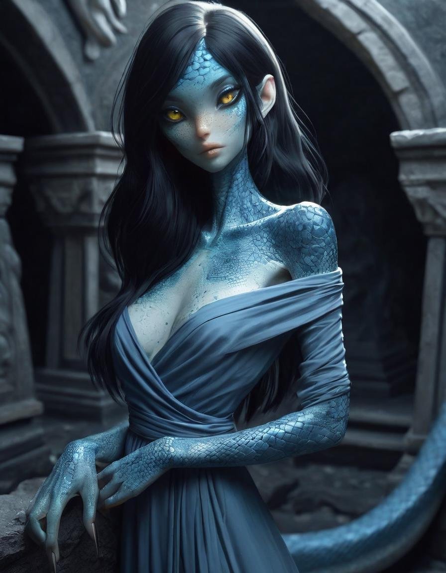 blue reptilian girl , near a (relaxing in a dark grotto :1.2), long black hair, narrow long mouth ,  (off shoulder wrap dress:1.2),  , , , body freckles,scales, <lora:SG2:.8>