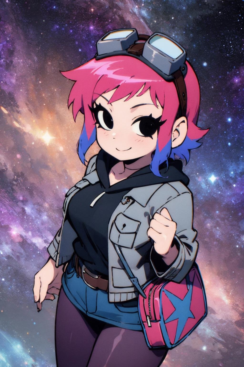 Ramona_Flowers,short hair,black eyes,1girl, solo, medium breasts,looking at viewer,smile,BREAKgoggles on head, hoodie,grey jacket,long sleeves,shoulder bag,star (symbol),belt,denim skirt,purple pantyhose,(galaxy background:1.3),from above, <lora:Ramona_Flowers-08:0.7>