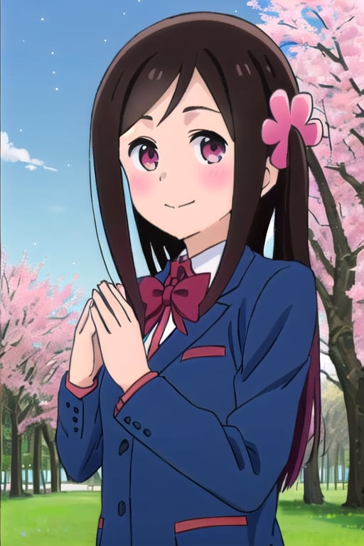 (8k:1.0),  masterpiece,  hitoribocchi no marumaru seikatsu anime lineart,  hitoribocchi no marumaru seikatsu anime colors, bocchi hitori (nice_hands:1.2),  perfect scenery,  perfect anatomy,  (perfect body:1.2),  perfect face,  (perfect_hands:1.2),  (perfect_fingers:1.2),  happy face,  blushing,  closed mouth,  red cheeks,  standing in the park,  grassground,  sakura trees,  sunset sky,  city on background,  sky full of stars,  view from front,  front view,  looking at viewer,  front view,  view from front,  (looking at viewer),  (looking at viewer),  upper body, 1girl,  solo,  bocchi hitori,  long hair,  dark brown hair,  bangs,  one side up,  hair flower,  pink eyes,  blue blazer,  long sleeves,  white colar,  red bowtie,  long grey skirt,  black socks,  white and red uwabaki,  bocchi,<lora:EMS-88507-EMS:1.000000>