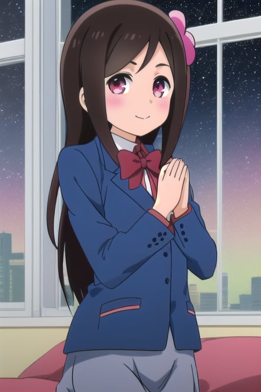 (8k:1.0),  masterpiece,  hitoribocchi no marumaru seikatsu anime lineart,  hitoribocchi no marumaru seikatsu anime colors, bocchi hitori nude,  nice hands,  perfect scenery,  perfect anatomy,  (perfect body:1.2),  perfect face,  (perfect hands),  (perfect fingers),  happy face,  blushing,  closed mouth,  red cheeks,  standing in the bedroom with one window,  night sky,  city on background,  sky full of stars,  view from front,  front view,  looking at viewer,  front view,  view from front,  (looking at viewer),  (looking at viewer),  crossed legs,  1girl,  solo,  bocchi hitori,  long hair,  dark brown hair,  bangs,  one side up,  hair flower,  pink eyes,  blue blazer,  long sleeves,  white colar,  red bowtie,  long grey skirt,  black socks,  white and red uwabaki,  bocchi,<lora:EMS-88507-EMS:0.900000>