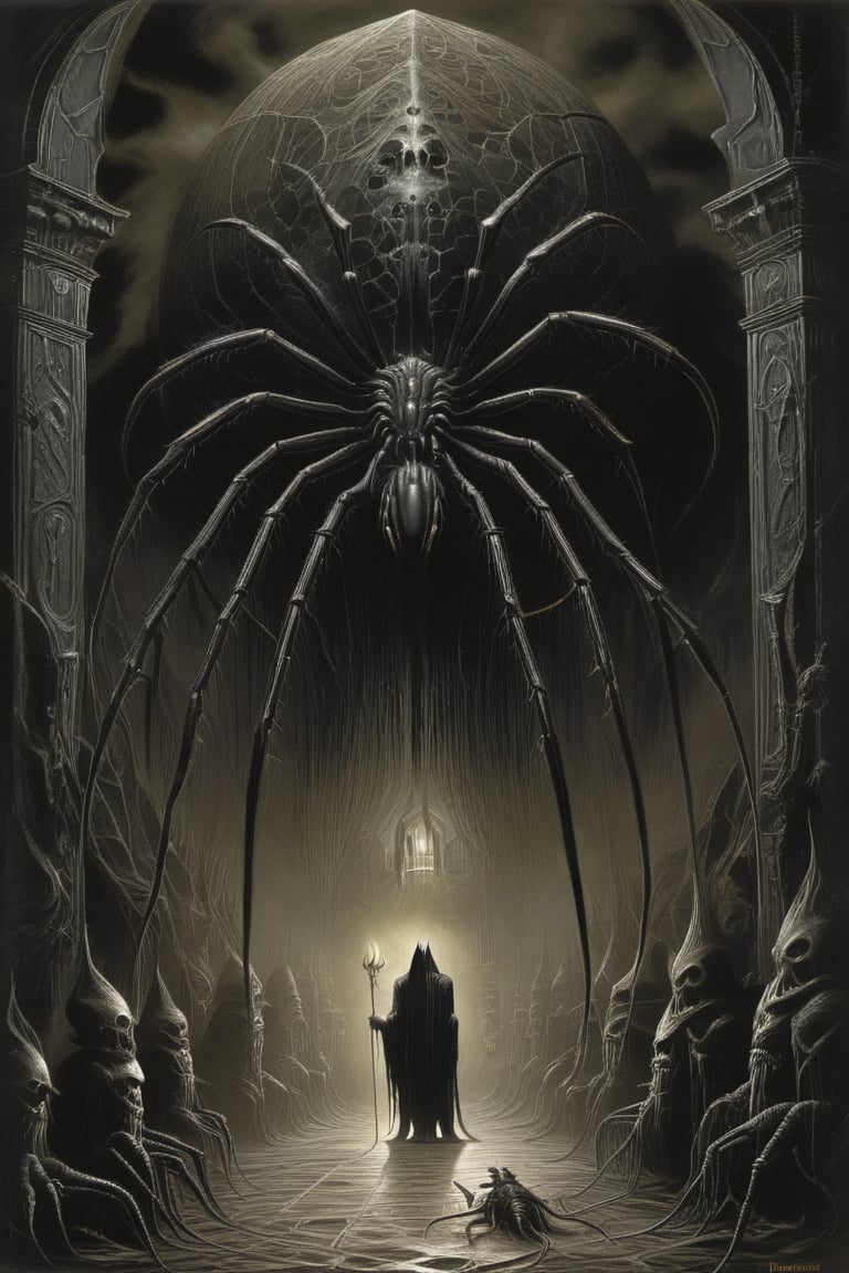 Obsidian Enigma Art Style, Dreadlord Arachnomancer: a dreadlord arachnomancer, a sinister being that weaves dark spells using the silk of monstrous spiders. The design should capture the macabre and unsettling elements present in the dark fantasy stories of Robert E. Howard.