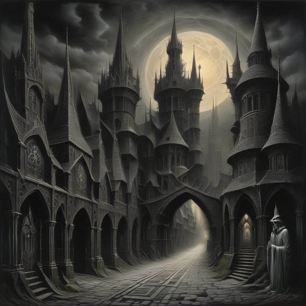 A desolate, gothic cityscape bathed in a haunting glow, with towering spires adorned with cryptic symbols piercing the horizon, surrounded by labyrinthine alleyways that defy conventional architecture.