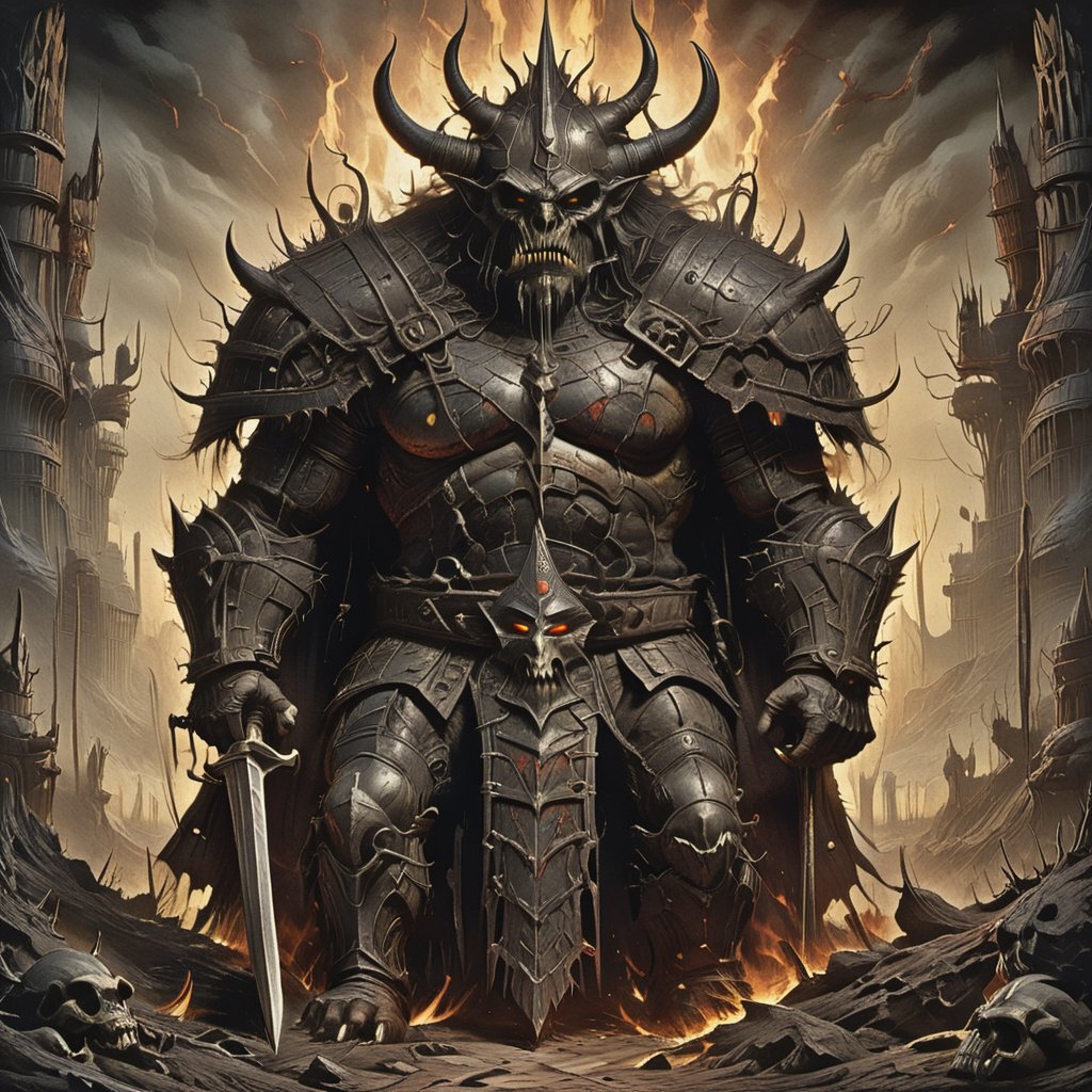 Obsidian Enigma Art Style, a dreadful orc warlord, adorned in battle-worn armor, leading a fearsome horde into battle. The warlord's eyes burn with a ruthless determination as they command their troops with strategic cunning.,Comic Book-Style