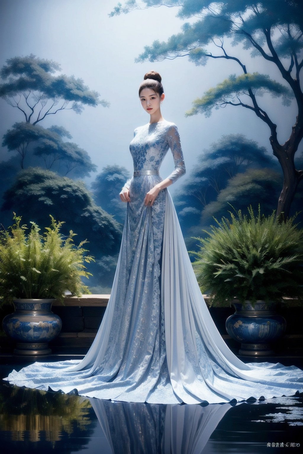 1girl,Metallic Gray  china_dress,nature,colorful,dynamic posture,<lora:艺术摄影魅力青蓝:1>,, ,(masterpiece:1.2),(best quality:1.2),Highly detailed,ultra-fine painting,sharp focus,extreme detail description,studio soft light,Vivid Colors,super detailed shadow,