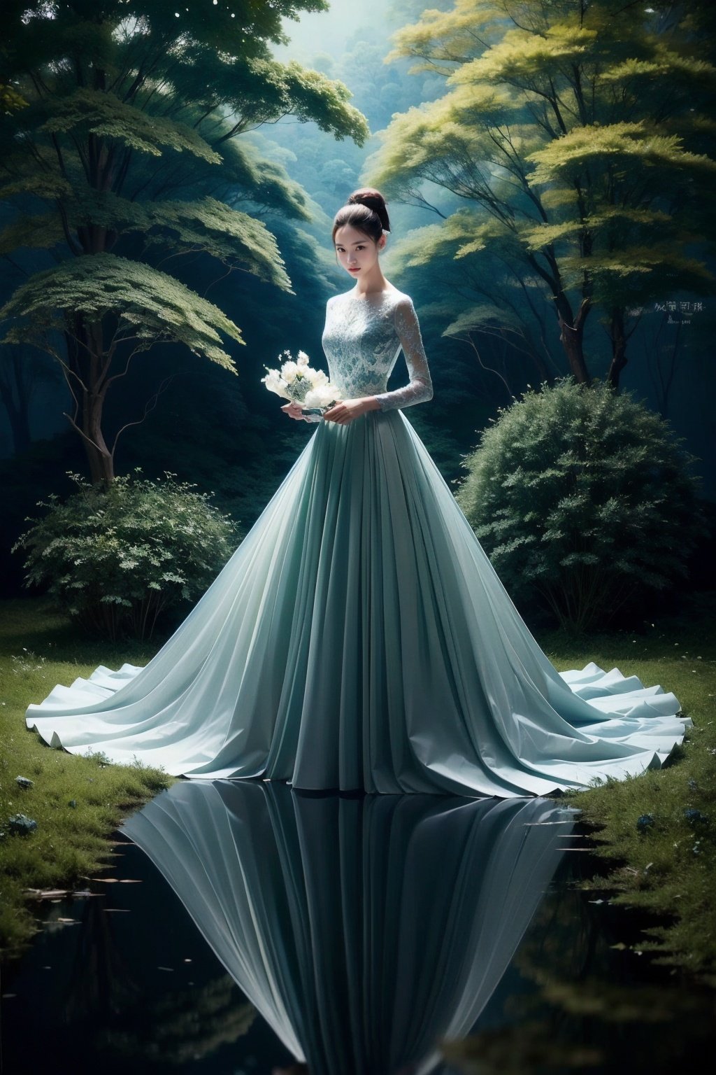 1girl,Dark Green  china_dress,nature,colorful,dynamic posture,<lora:艺术摄影魅力青蓝:1>,, ,(masterpiece:1.2),(best quality:1.2),Highly detailed,ultra-fine painting,sharp focus,extreme detail description,studio soft light,Vivid Colors,super detailed shadow,