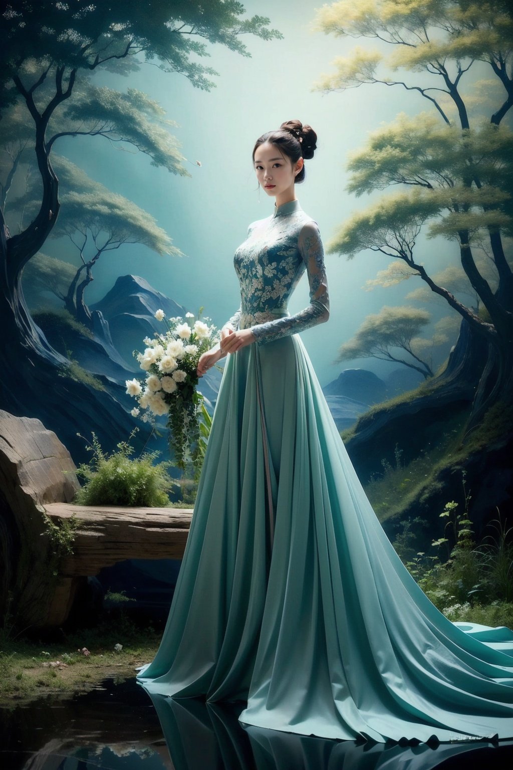 1girl,Hunter Green  china_dress,nature,colorful,dynamic posture,<lora:艺术摄影魅力青蓝:1>,, ,(masterpiece:1.2),(best quality:1.2),Highly detailed,ultra-fine painting,sharp focus,extreme detail description,studio soft light,Vivid Colors,super detailed shadow,