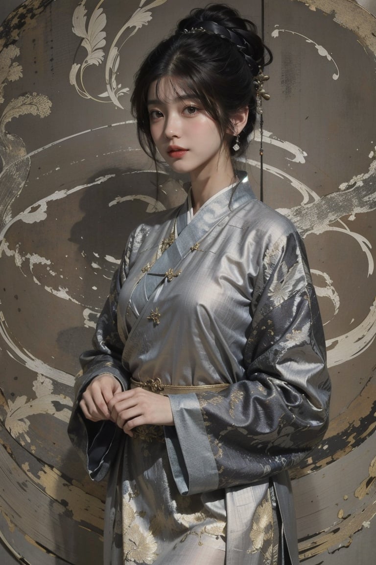 (linen texture:1.1),1girl,hanfu,rough texture of clothing,silver foil texture acts on clothes,the rough texture of silver foil acts on clothes,the effect of linen texture on clothing,mucha art style,, best quality,masterpiece,(photo realistic),