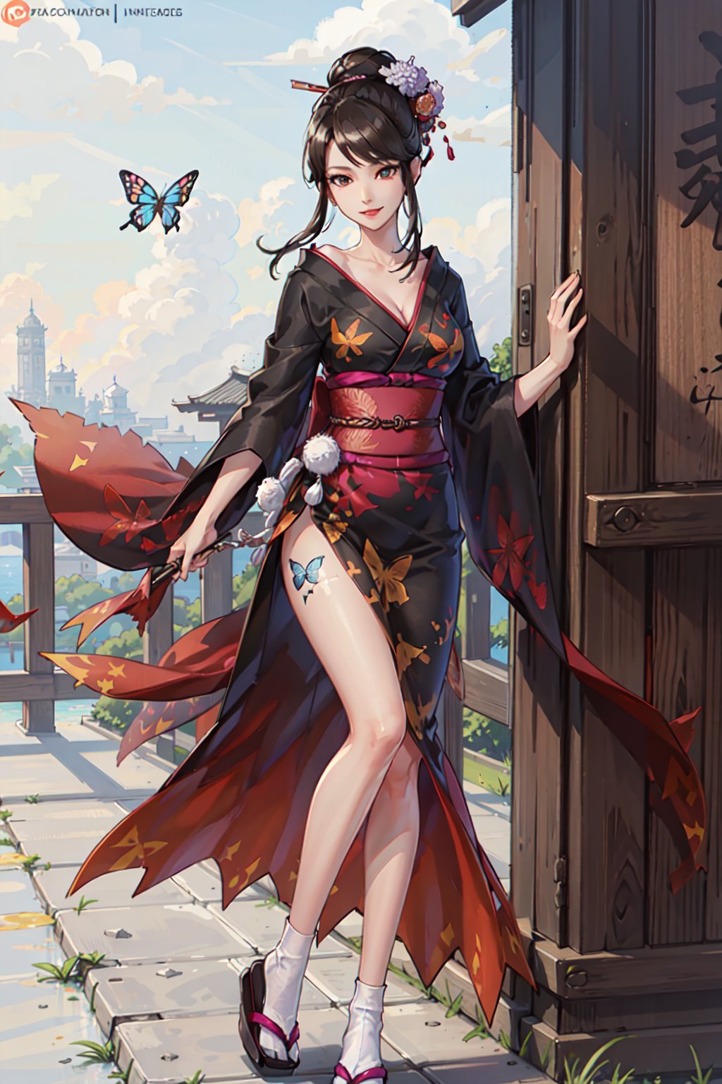 (masterpiece:1.2),  best quality, 1girl,  solo,  nongji,  black hair,  hair ornament,  japanese clothes,  kimono,  big breasts,  cleavage,  collarbone,  legs,  tabi,  tabi socks,  zori,  zouri,  butterfly tattoo on left leg,  smile, nongji,<lora:EMS-88702-EMS:0.500000>