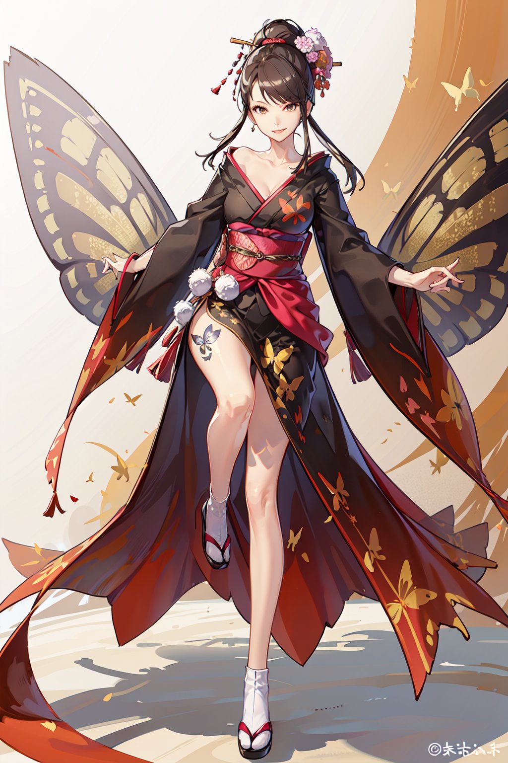 (masterpiece:1.2),  best quality, 1girl,  solo,  nongji,  black hair,  hair ornament,  japanese clothes,  kimono,  big breasts,  cleavage,  collarbone,  legs,  butterfly tattoo on left leg,  smile,<lora:EMS-88702-EMS:0.500000>