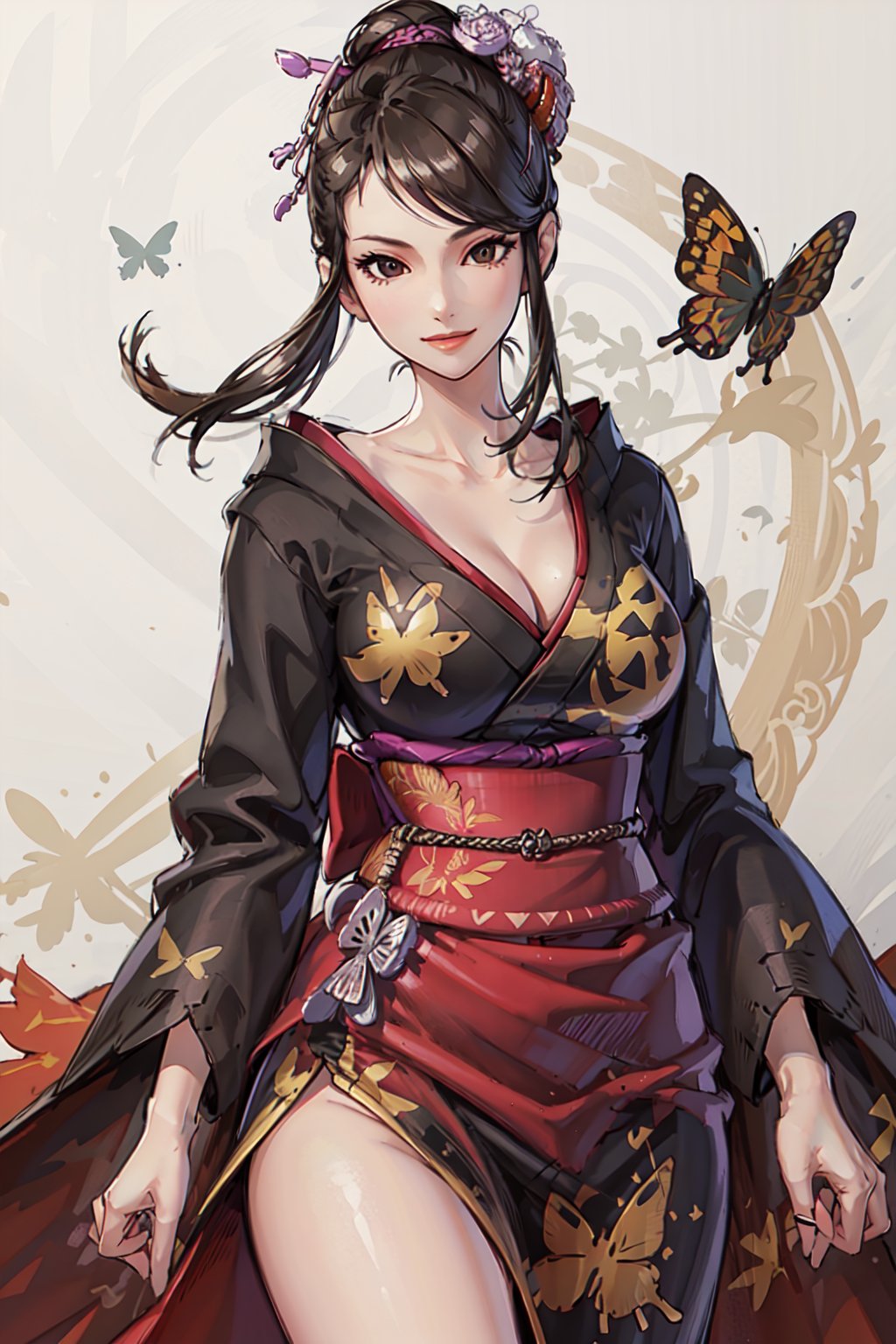 (masterpiece:1.2),  best quality, 1girl,  solo,  nongji,  black hair,  hair ornament,  japanese clothes,  kimono,  big breasts,  cleavage,  collarbone,  butterfly tattoo on left leg,  smile,  upper body,<lora:EMS-88702-EMS:0.600000>