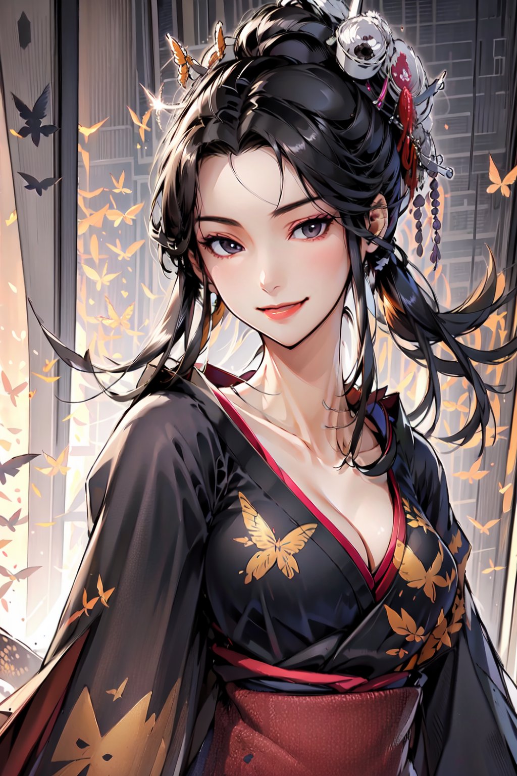 (masterpiece:1.2),  best quality, 1girl,  solo,  nongji,  black hair,  hair ornament,  japanese clothes,  kimono,  big breasts,  cleavage,  collarbone,  butterfly tattoo on left leg,  smile,  upper body,<lora:EMS-88702-EMS:0.600000>