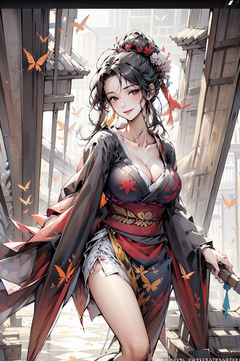 (masterpiece:1.2),  best quality, 1girl,  solo,  nongji,  black hair,  hair ornament,  japanese clothes,  kimono,  big breasts,  cleavage,  collarbone,  butterfly tattoo on left leg,  smile, ChineseWatercolorPainting,<lora:EMS-88702-EMS:0.300000>,<lora:EMS-73876-EMS:0.400000>