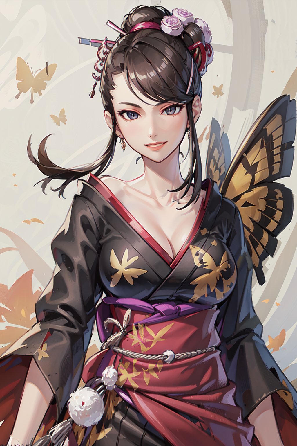 (masterpiece:1.2),  best quality, 1girl,  solo,  nongji,  black hair,  hair ornament,  japanese clothes,  kimono,  big breasts,  cleavage,  collarbone,  butterfly tattoo on left leg,  smile,  upper body,<lora:EMS-88702-EMS:0.600000>