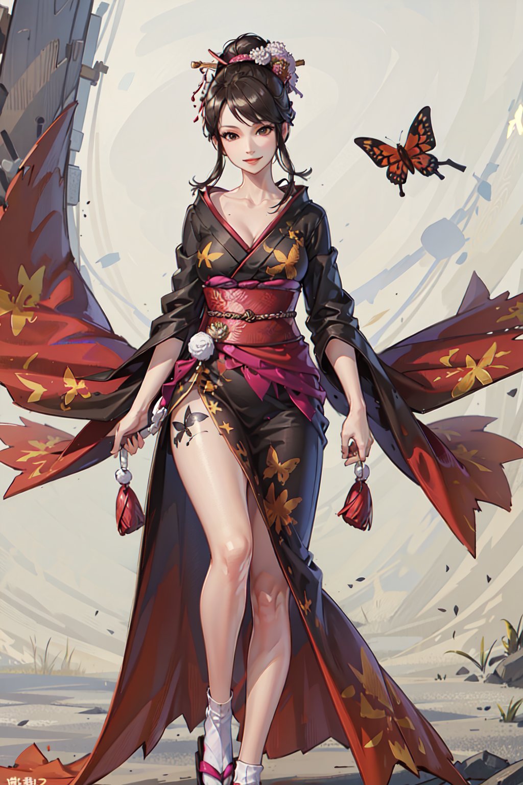 (masterpiece:1.2),  best quality, 1girl,  solo,  nongji,  black hair,  hair ornament,  japanese clothes,  kimono,  big breasts,  cleavage,  collarbone,  legs,  butterfly tattoo on left leg,  smile,<lora:EMS-88702-EMS:0.500000>