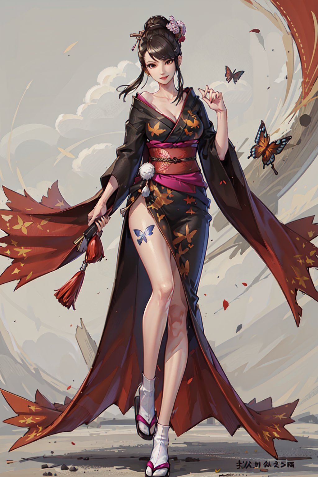 (masterpiece:1.2),  best quality, 1girl,  solo,  nongji,  black hair,  hair ornament,  japanese clothes,  kimono,  big breasts,  cleavage,  collarbone,  legs,  tabi,  tabi socks,  zori,  zouri,  butterfly tattoo on left leg,  smile, nongji,<lora:EMS-88702-EMS:0.600000>