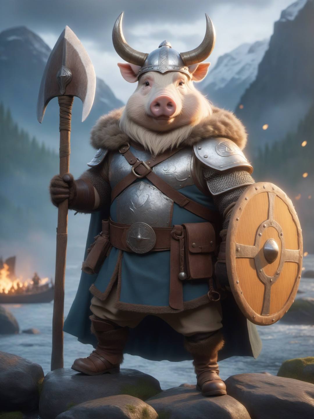 Wearing a horned helmet and fur cape,  armed with a small axe,  a chubby Pallas pig guides the ferocity of Viking raiders...