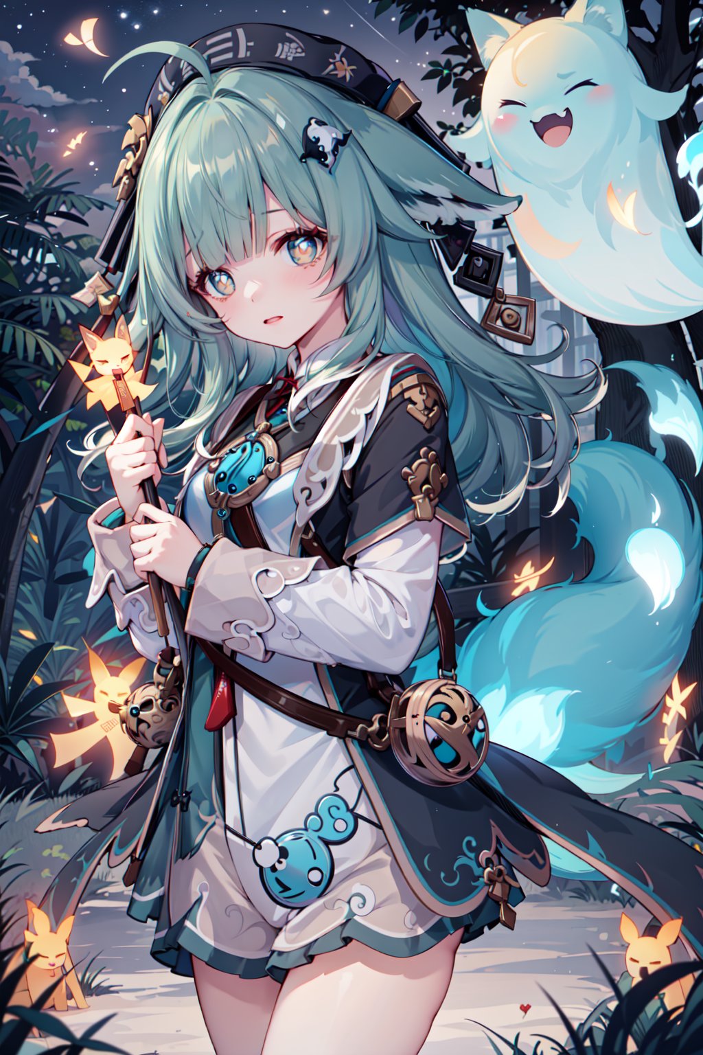 (masterpiece,  best quality),  1girl,  looking at viewer, huohuo,  beret,  hair ornament,  fox tail, ahoge,  outdoors,  forest,  (night:1.4),  firefly,  spirit,  ghost,  animal ears,<lora:EMS-88800-EMS:0.900000>