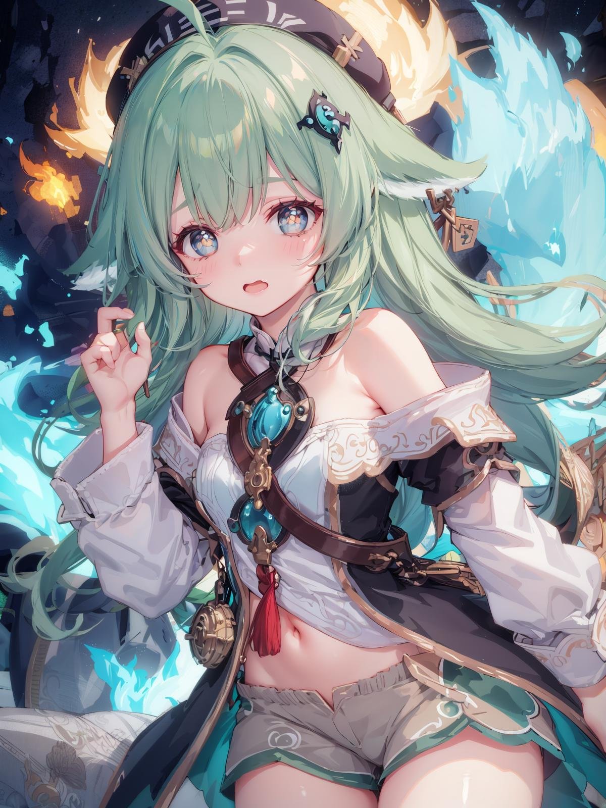 (extremely detailed CG), (best quality), 1girl, perfect face, bright pupils, (finely detailed beautiful eyes),wide hips, narrow waist, huohuo, green hair, bangs, long hair, ahoge, animal ears, beret, hair ornament, green eyes, shorts, white socks, shirt, off shoulder, fox tail, worried, wavy mouth, scared, night, outdoors, blue fire, kodama, <lora:HuoHuo:0.6>