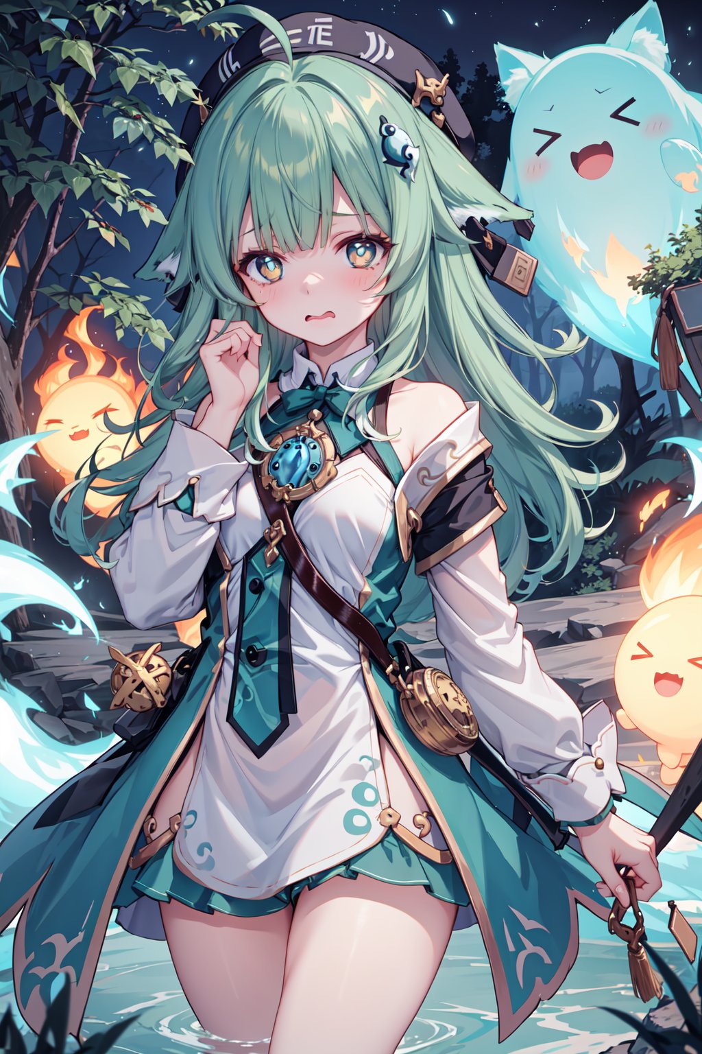 (masterpiece,  best quality),  1girl,  looking at viewer, huohuo,  worried,  wavy mouth,  scared,  night,  outdoors,  blue fire,  kodama,  fox tail, ahoge,  forest, green hair,  bangs,  long hair,  ahoge,  animal ears,  beret,  hair ornament,  green eyes,  firefly,  spirit,  ghost,  animal ears,<lora:EMS-88800-EMS:0.600000>