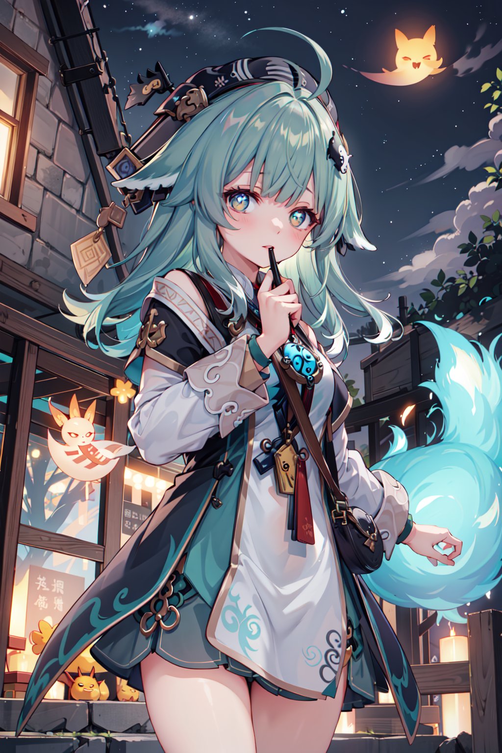 (masterpiece,  best quality),  1girl,  looking at viewer, huohuo,  beret,  hair ornament,  fox tail, ahoge,  outdoors,  night,  spirit,  ghost,<lora:EMS-88800-EMS:0.800000>