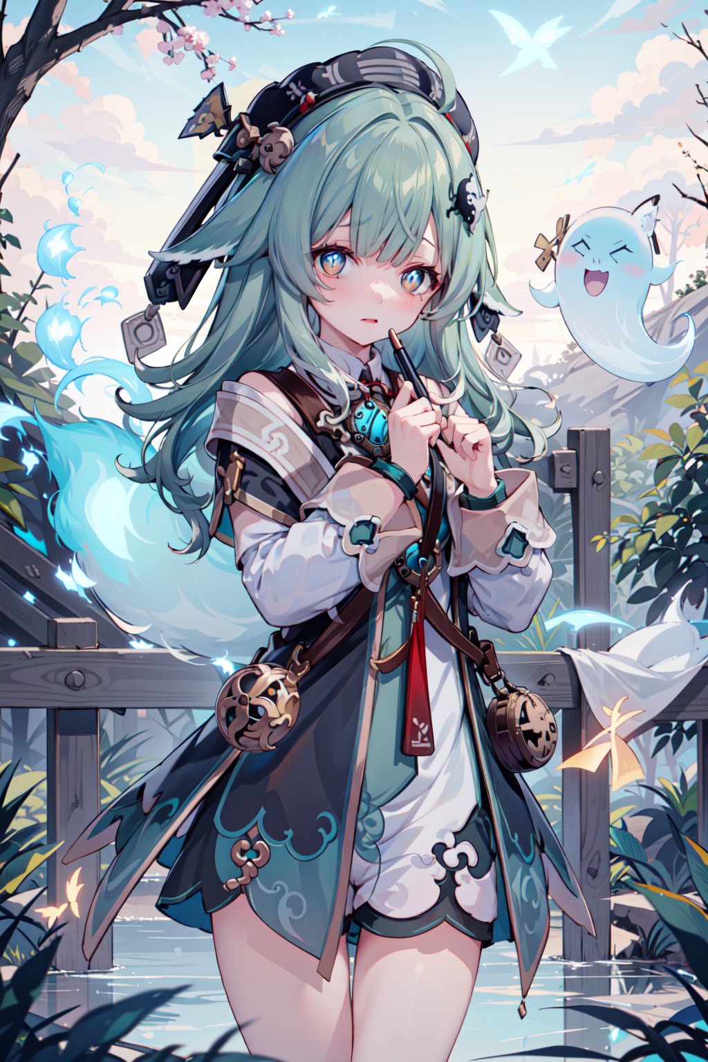 (masterpiece,  best quality),  1girl,  looking at viewer, huohuo,  beret,  hair ornament,  fox tail, ahoge,  outdoors,  forest,  night,  firefly,  spirit,  ghost,<lora:EMS-88800-EMS:0.900000>