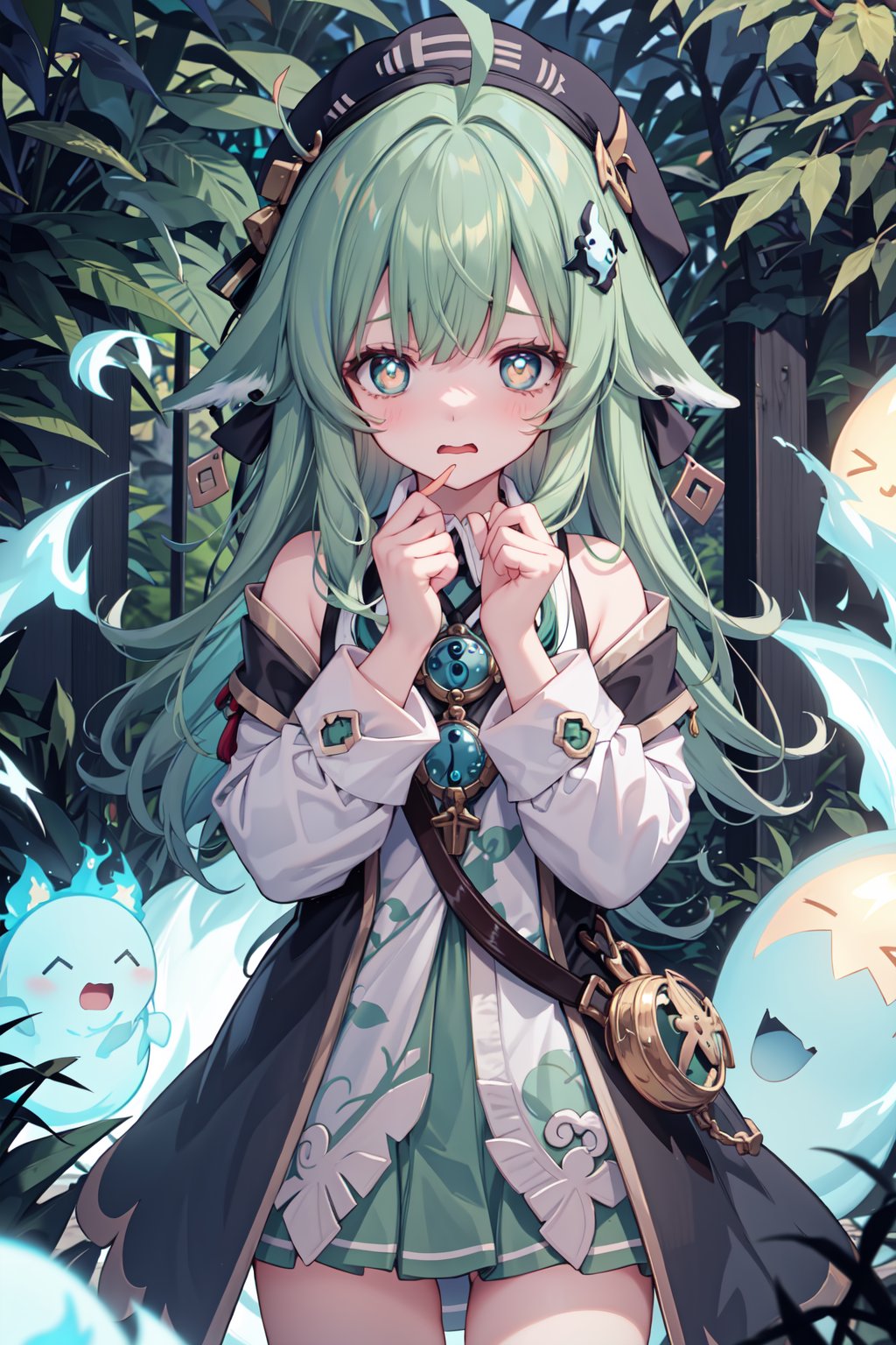 (masterpiece,  best quality),  1girl,  looking at viewer, huohuo,  worried,  wavy mouth,  scared,  night,  outdoors,  blue fire,  kodama,  fox tail, ahoge,  forest, green hair,  bangs,  long hair,  ahoge,  animal ears,  beret,  hair ornament,  green eyes,  firefly,  spirit,  ghost,  animal ears,<lora:EMS-88800-EMS:0.600000>