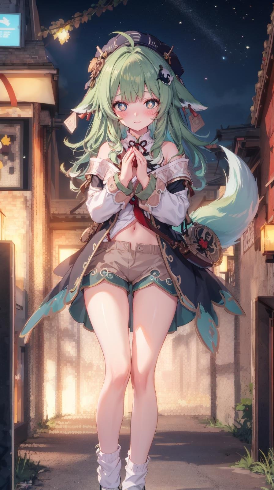 (extremely detailed CG), (best quality), 1girl, perfect face, bright pupils, (finely detailed beautiful eyes), green eyes, wide hips, narrow waist, huohuo, green hair, bangs, long hair, ahoge, animal ears, beret, hair ornament, shorts, white socks, shirt, off shoulder, fox tail, worried, night, outdoors, light smile, standing, v legs, blush, full body, depth of field, praying, <lora:HuoHuo:0.6>