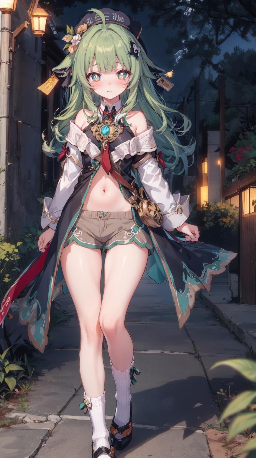 (extremely detailed CG), (best quality), 1girl, perfect face, bright pupils, (finely detailed beautiful eyes), green eyes, wide hips, narrow waist, huohuo, green hair, bangs, long hair, ahoge, animal ears, beret, hair ornament, shorts, white socks, shirt, off shoulder, fox tail, worried, night, outdoors, light smile, standing, v legs, blush, full body, depth of field, <lora:HuoHuo:0.6>