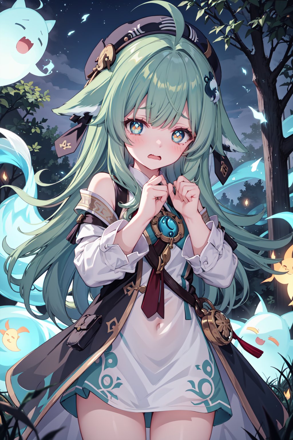 (masterpiece,  best quality),  1girl,  looking at viewer, huohuo,  worried,  wavy mouth,  scared,  night,  outdoors,  blue fire,  kodama,  fox tail, ahoge,  forest, green hair,  bangs,  long hair,  ahoge,  animal ears,  beret,  hair ornament,  green eyes,  firefly,  spirit,  ghost,  animal ears,<lora:EMS-88800-EMS:0.600000>