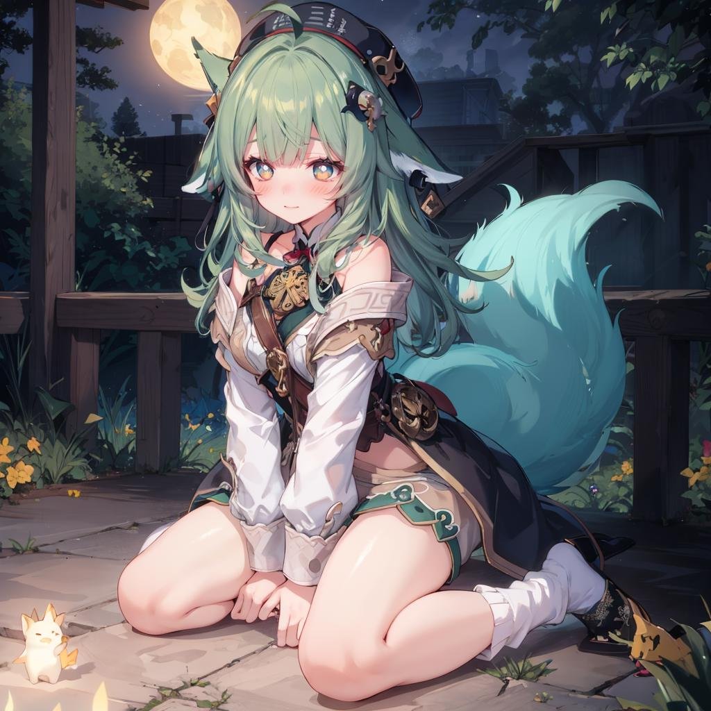 (extremely detailed CG), (best quality), 1girl, perfect face, bright pupils, (finely detailed beautiful eyes), green eyes, wide hips, narrow waist, huohuo, green hair, bangs, long hair, ahoge, animal ears, beret, hair ornament, shorts, white socks, shirt, off shoulder, fox tail, worried, night, outdoors, light smile, wariza, v legs, blush, full body, depth of field, praying, <lora:HuoHuo:0.6>