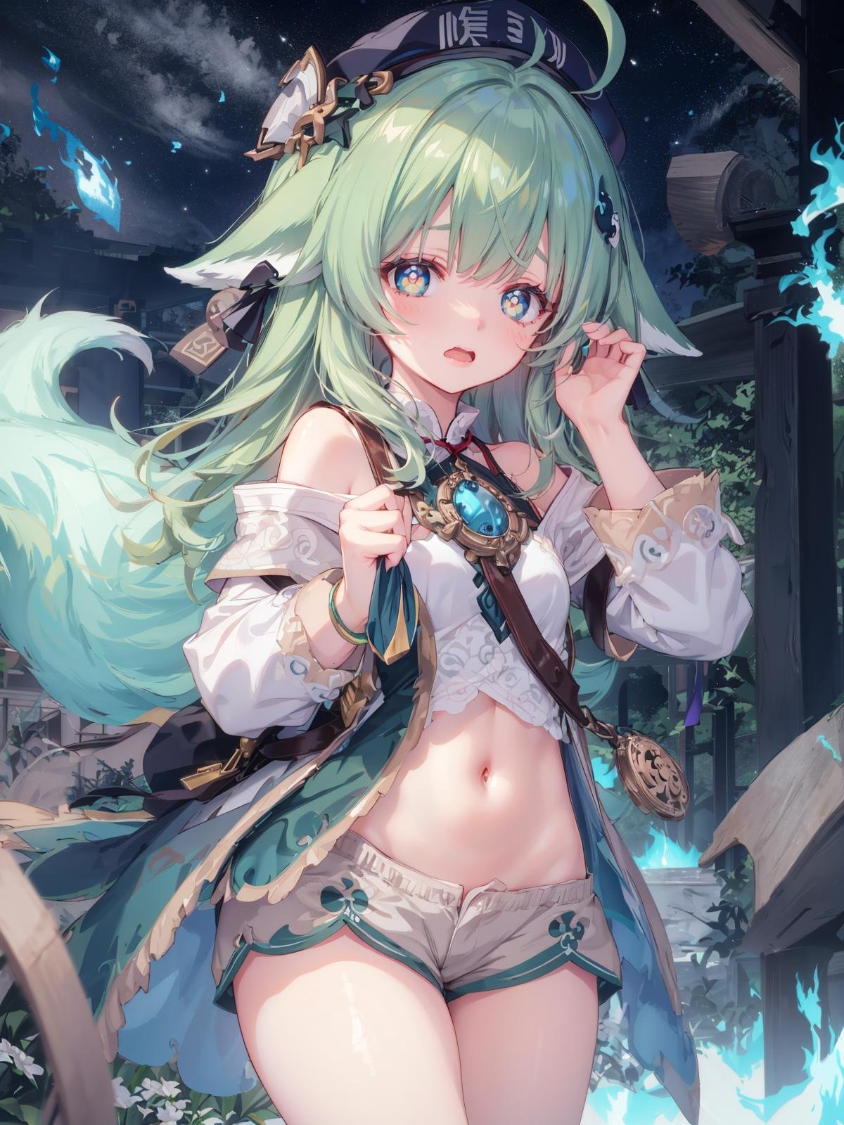 (extremely detailed CG), (best quality), 1girl, perfect face, bright pupils, (finely detailed beautiful eyes),wide hips, narrow waist, huohuo, green hair, bangs, long hair, ahoge, animal ears, beret, hair ornament, green eyes, shorts, white socks, shirt, off shoulder, fox tail, worried, wavy mouth, scared, night, outdoors, blue fire, kodama, <lora:HuoHuo:0.6>