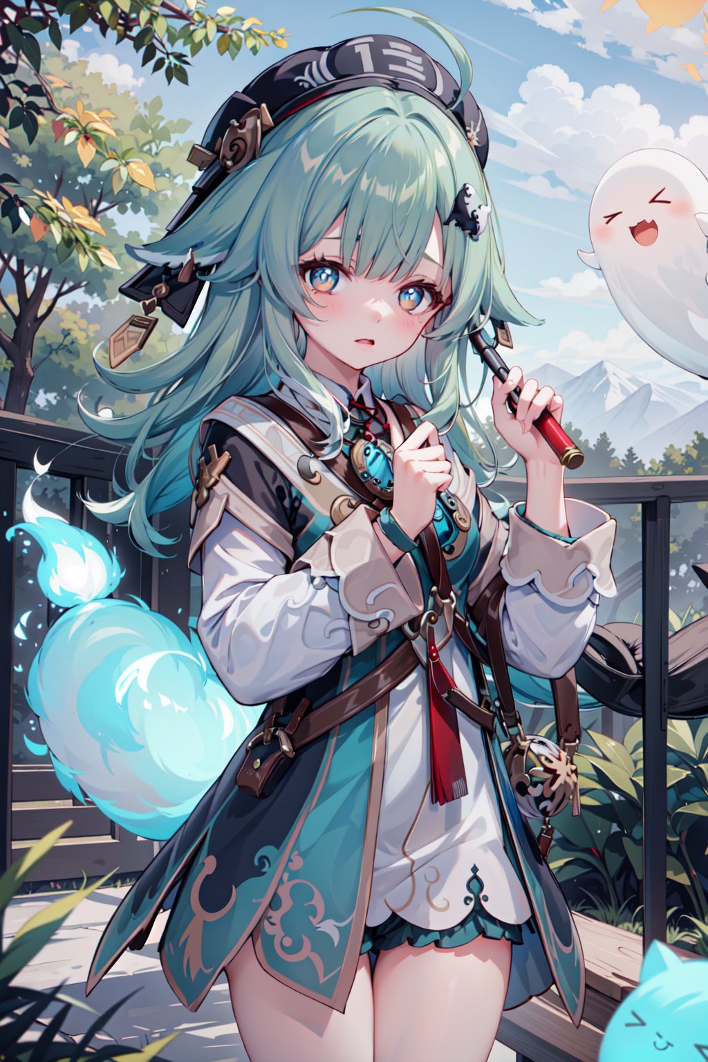 (masterpiece,  best quality),  1girl,  looking at viewer, huohuo,  beret,  hair ornament,  fox tail, ahoge,  outdoors,  forest,  night,  spirit,  ghost,<lora:EMS-88800-EMS:0.800000>