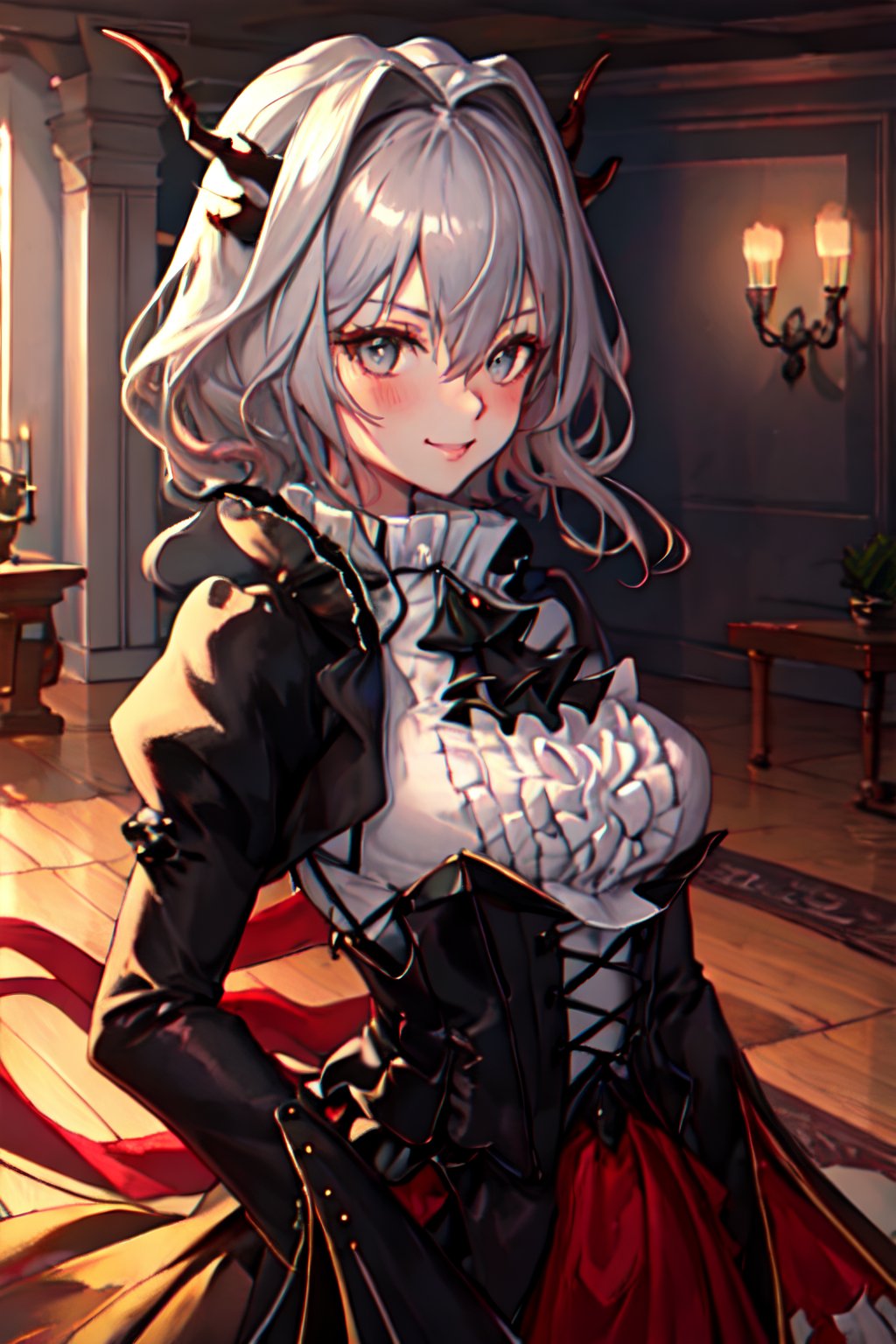 (extremely detailed CG), (best quality),  perfect face, shiny skin, lustrous skin,masterpiece,  1girl,, solo,
 talulah, 
blush,evil smile
horns, grey_hair, hair_intakes, bangs, 
, hair_between_eyes, short_hair
, grey_eyes
,large breasts

ascot, black_ascot
, black_dress, long_sleeves,(dress_open:1.2),shirt_open
, frills

