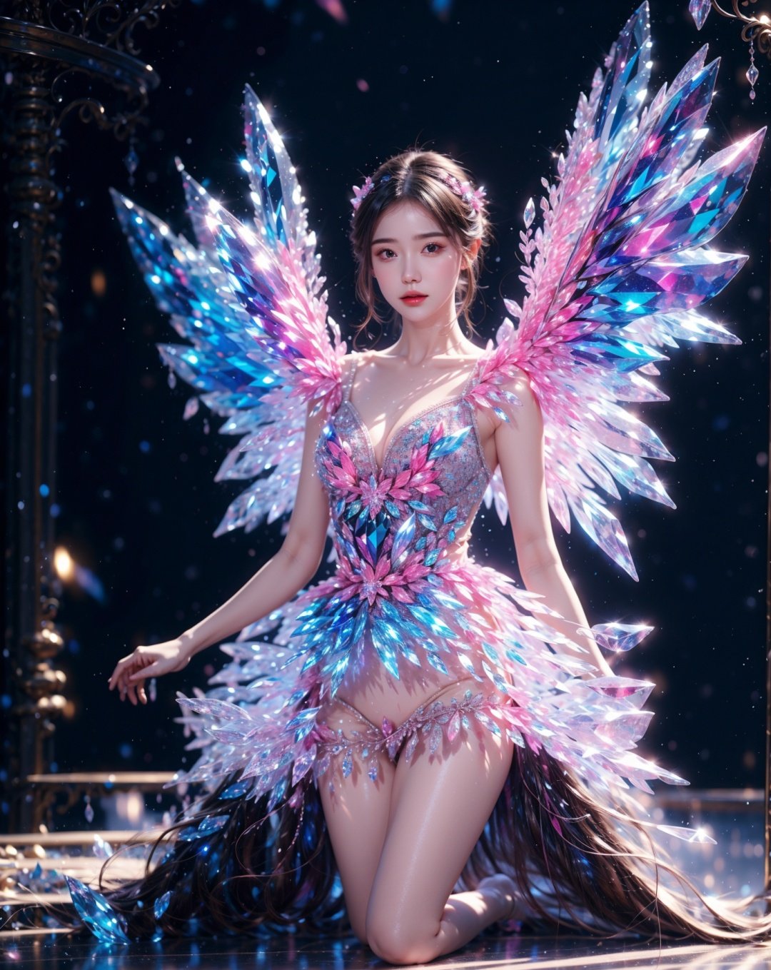  masterpiece,best quality,realistic,1girl,glowing,colorful,winter,snowing,night,cute girl, glowing,wings,crystal,dress,pink,blue theme,full_body