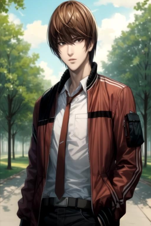 masterpiece, best quality, illustration, 1boy, solo, male focus, looking at viewer, upper body, , , , <lora:light_yagami:0.96>, light_yagami, , bomber jacket, , fairytale, 12k resolution