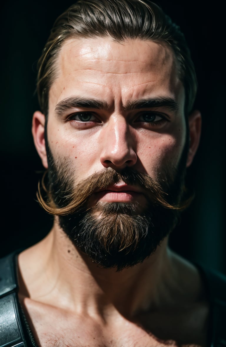 cyberpunk film, raw photo of man with beard, 3/4, soldier, armor, close up, half face, deep night, dark room, hight quaility, detailed skin, clear face, detailed hair, cinema shot, hdr, sharp focus,