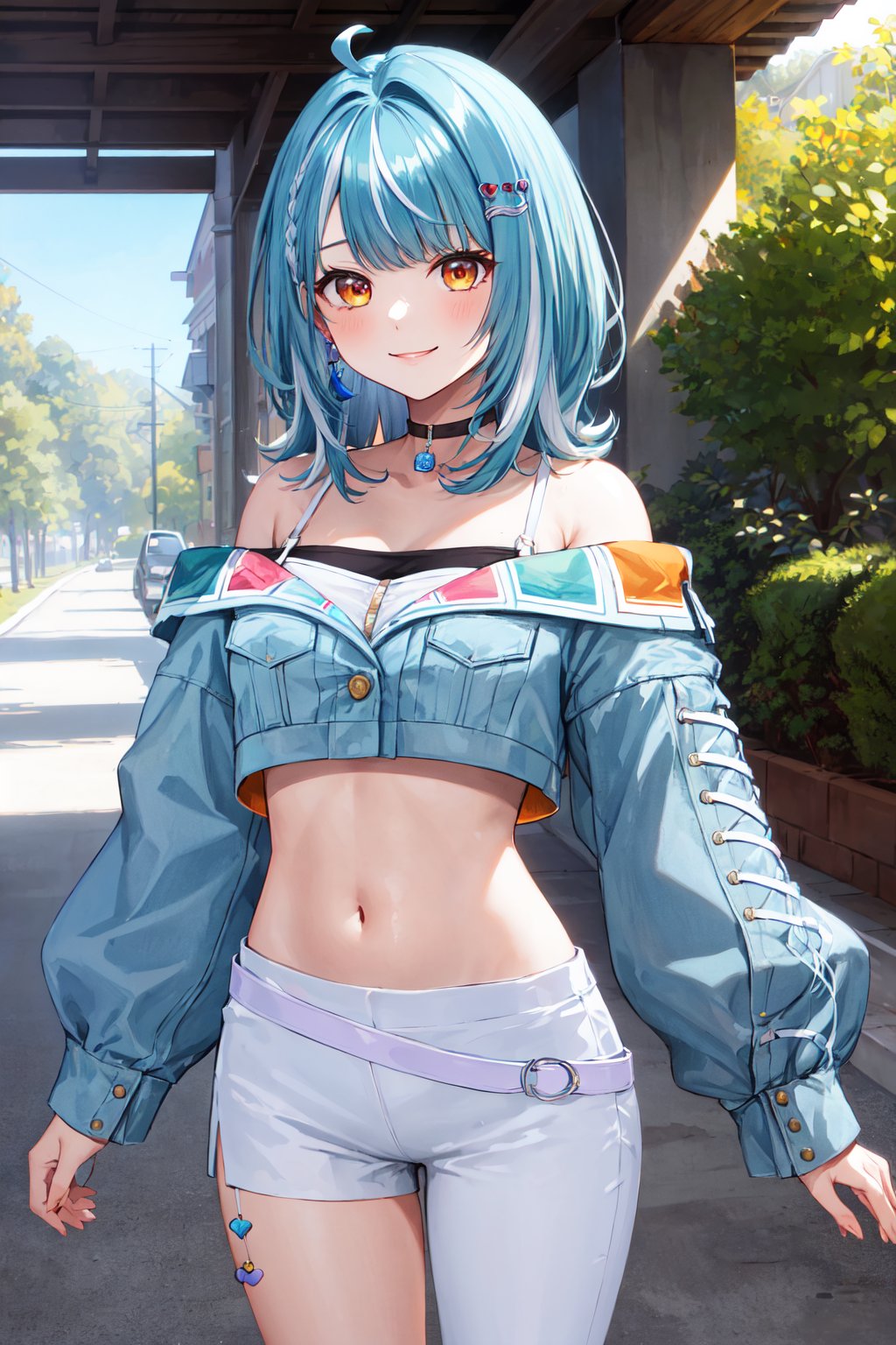 masterpiece, best quality, highres, aaramune, medium hair, multicolored hair, ahoge, briad, hair ornament, earrings, black choker, off shoulder, crop top, cropped jacket, blue jacket, long sleeves, midriff, single pantsleg, white pants, <lora:shiranami_ramune_v1:0.7>, standing, cowboy shot, smile, outdoors, straight-on,