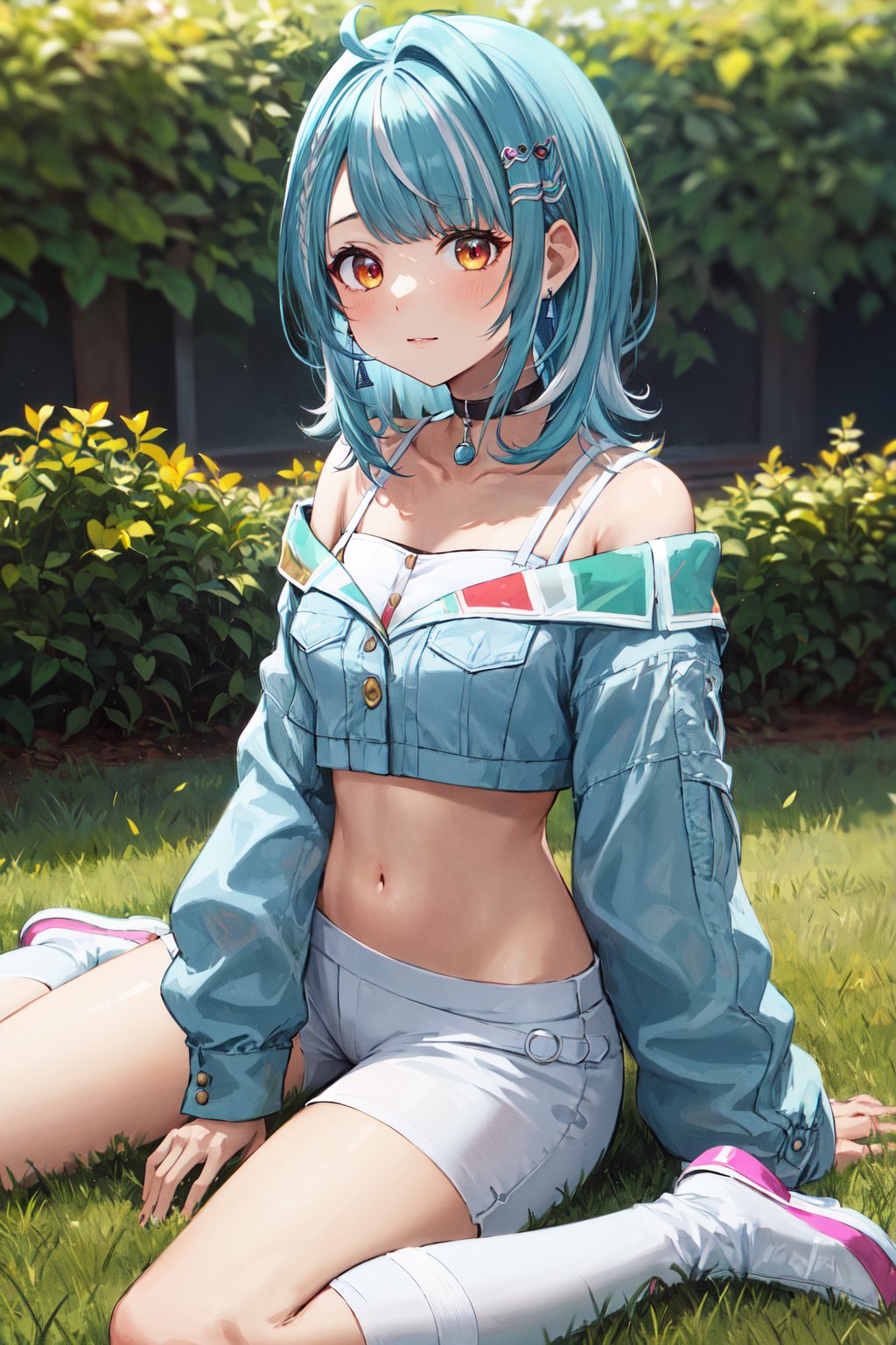 masterpiece, best quality, highres, aaramune, medium hair, multicolored hair, ahoge, briad, hair ornament, earrings, black choker, off shoulder, crop top, cropped jacket, blue jacket, long sleeves, midriff, single pantsleg, white pants, <lora:shiranami_ramune_v1:0.7>, grass, filed, wariza, sitting