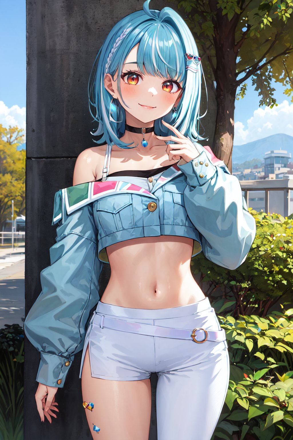 masterpiece, best quality, highres, aaramune, medium hair, multicolored hair, ahoge, briad, hair ornament, earrings, black choker, off shoulder, crop top, cropped jacket, blue jacket, long sleeves, midriff, single pantsleg, white pants, <lora:shiranami_ramune_v1:0.7>, standing, cowboy shot, smile, outdoors, straight-on,