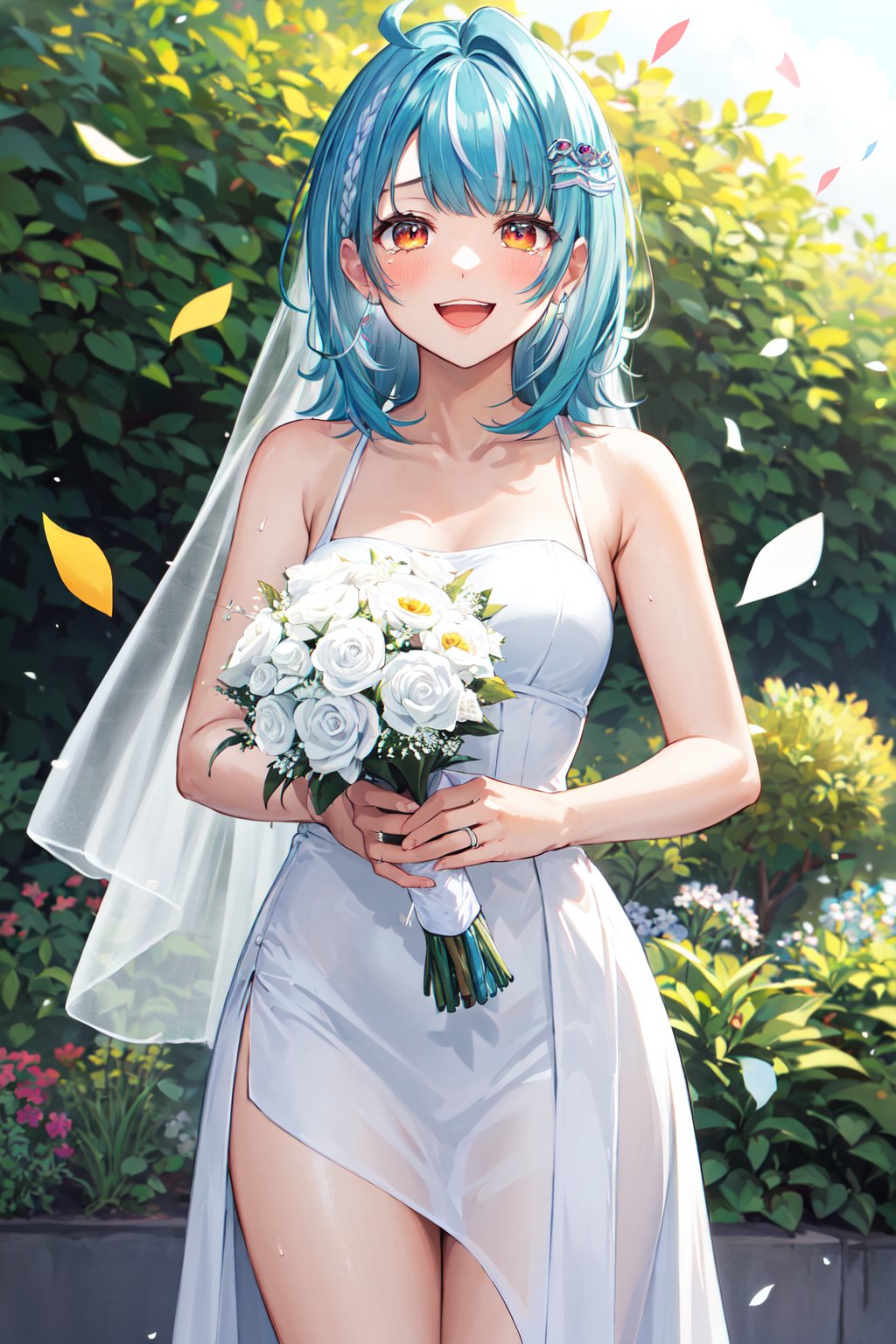 masterpiece, best quality, highres, aaramune, medium hair, multicolored hair, ahoge, briad, hair ornament, earrings, <lora:shiranami_ramune_v1:0.7>, wedding dress, white dress, holding bouquet, garden, confetti, smile, open mouth, tears, standing, cowboy shot, anilingus, 