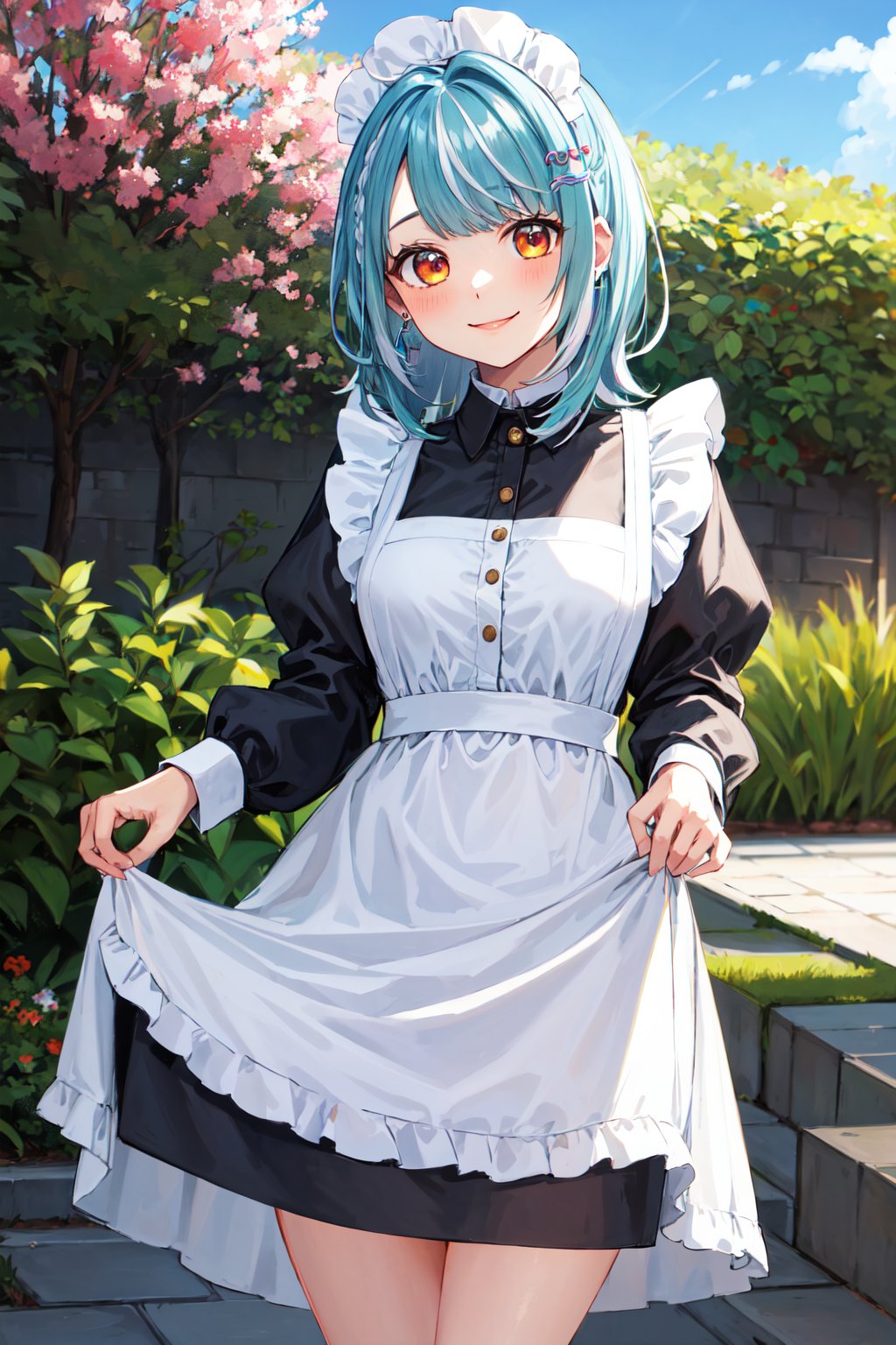 masterpiece, best quality, highres, aaramune, medium hair, multicolored hair, ahoge, briad, hair ornament, earrings, <lora:shiranami_ramune_v1:0.7>, maid, maid headdress, dress, apron, standing, skirt hold, smile, garden, 