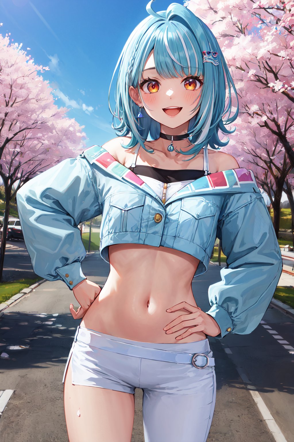 masterpiece, best quality, highres, aaramune, medium hair, multicolored hair, ahoge, briad, hair ornament, earrings, black choker, off shoulder, crop top, cropped jacket, blue jacket, long sleeves, midriff, single pantsleg, white pants, <lora:shiranami_ramune_v1:0.7>, standing, hand on hip, smile, open mouth, outdoors, cherry blossoms, 