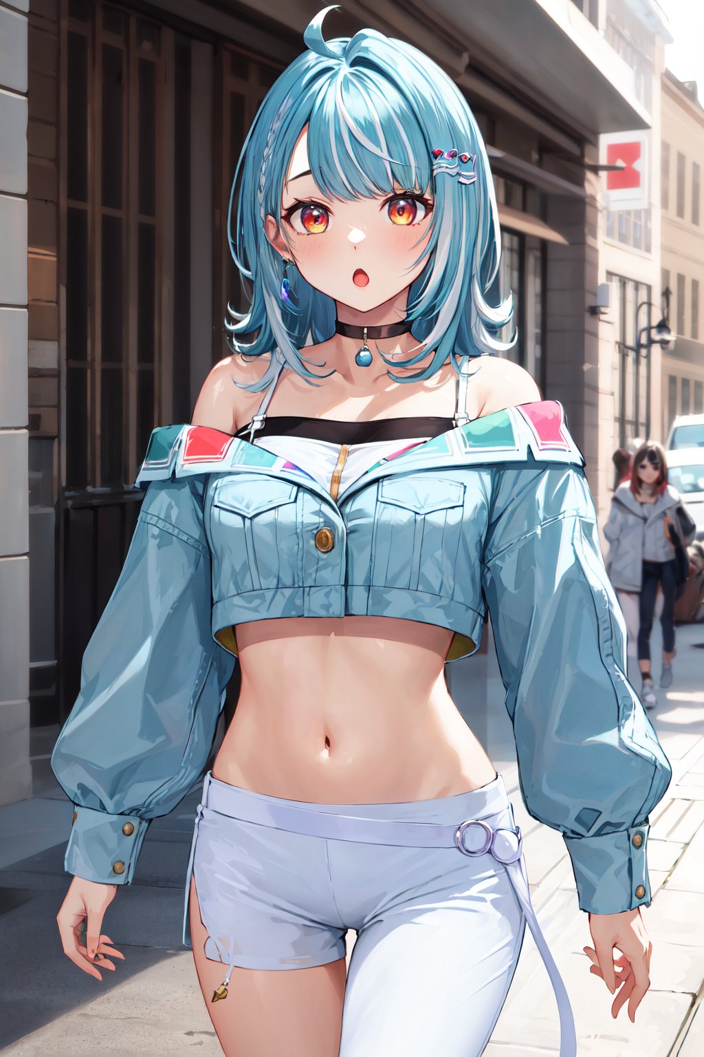 masterpiece, best quality, highres, aaramune, medium hair, multicolored hair, ahoge, briad, hair ornament, earrings, black choker, off shoulder, crop top, cropped jacket, blue jacket, long sleeves, midriff, single pantsleg, white pants, <lora:shiranami_ramune_v1:0.7>, street, walking, :o, cowboy shot