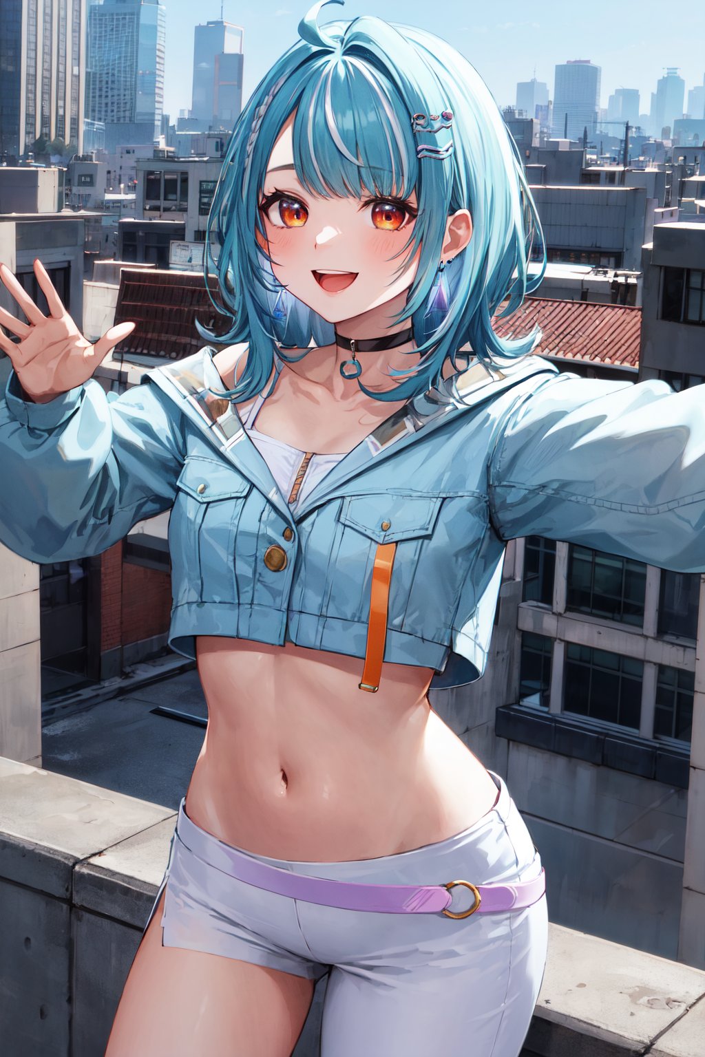 masterpiece, best quality, highres, aaramune, medium hair, multicolored hair, ahoge, briad, hair ornament, earrings, black choker, off shoulder, crop top, cropped jacket, blue jacket, long sleeves, midriff, single pantsleg, white pants, <lora:shiranami_ramune_v1:0.7>, rooftop, outstretched arms, smile, open mouth, city, standing