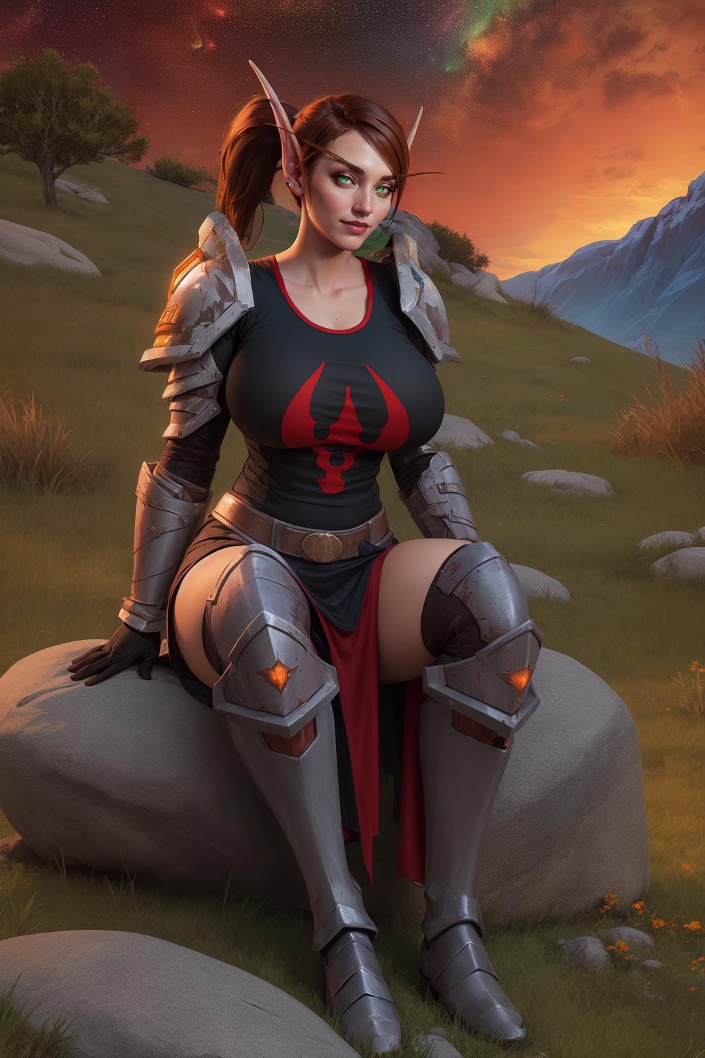 (high quality:1.1), cinematic lighting, extremely detailed,LadyLiadrin, elf, 1girl, solo, full body, sitting on rock, planted sword, close-up,looking at viewer, determined, smile, teeth,long pointy ears, light brown hair, ponytail, eyebrows, green eyes, (colored sclera:1.1), glowing eyes, jewelry,white armor, shoulder armor, armored gloves, black tabard, tabard print, pelvic curtain,  (greaves:1.1), knee boots,large breasts, curvy,orange ground, rocks, green sky, starry sky, undead, wasteland,<lora:LadyLiadrin:0.9>