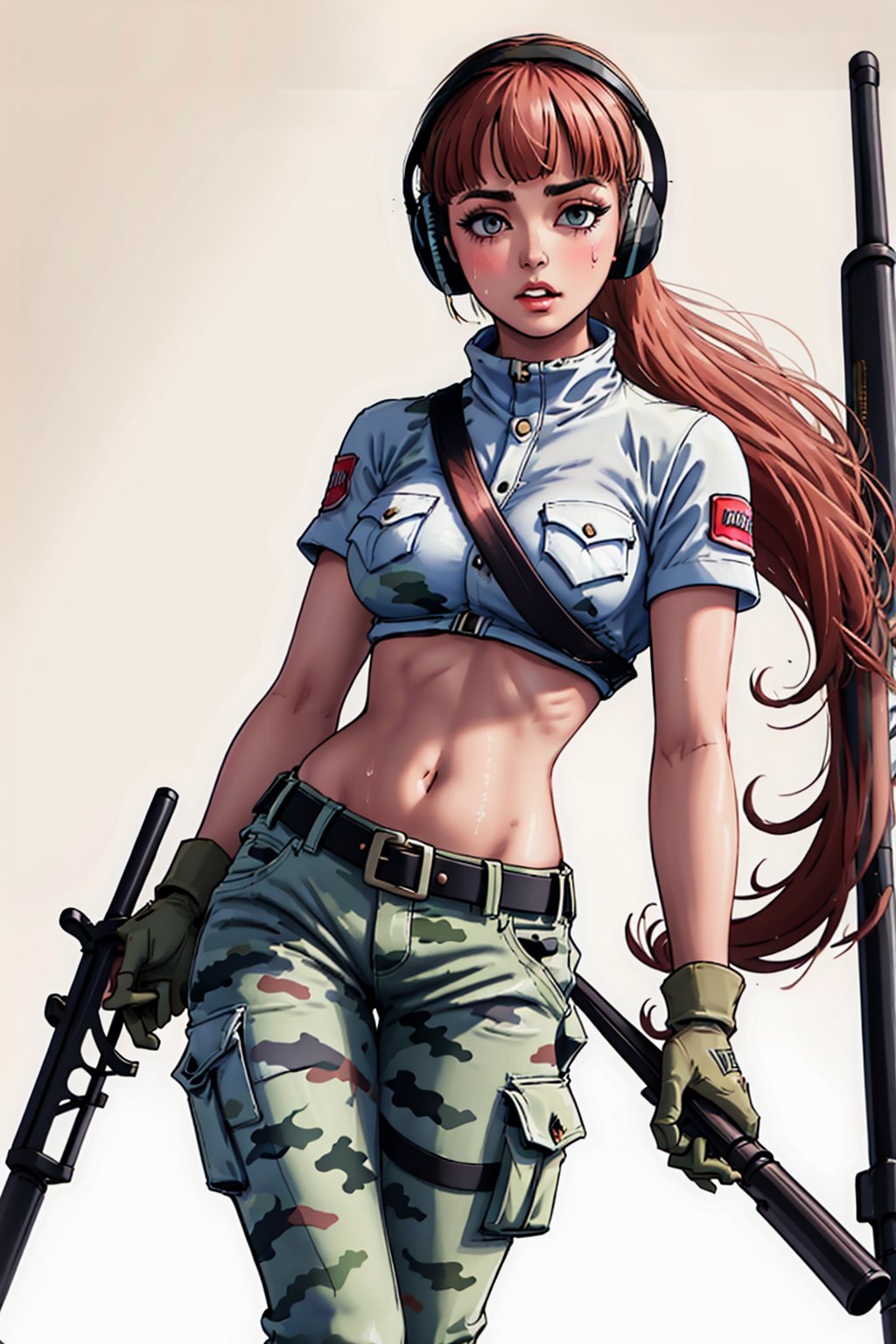 1girlantique firearmasymmetrical clothesbeltblunt bangsblushbreast pocketbreastscamouflagecamouflage pantscropped shirtearmuffseyelashesfeet out of framefirearmfirelockflintlockfloating hairglovesgroingunhighresholdingholding gunholding weaponlarge breasts, legs_apart, long_hair, leg_lowleg, pants, midriff, navel, open.mouth, pants, pantyhose, pocket, rifleshirtshort sleevessight (weapon)signaturesingle pantslegsolostandingstomachsweattonedtorn clothestorn pantsv-shaped eyebrowsweaponwind,  sexy_pose,<lora:EMS-88962-EMS:0.600000>