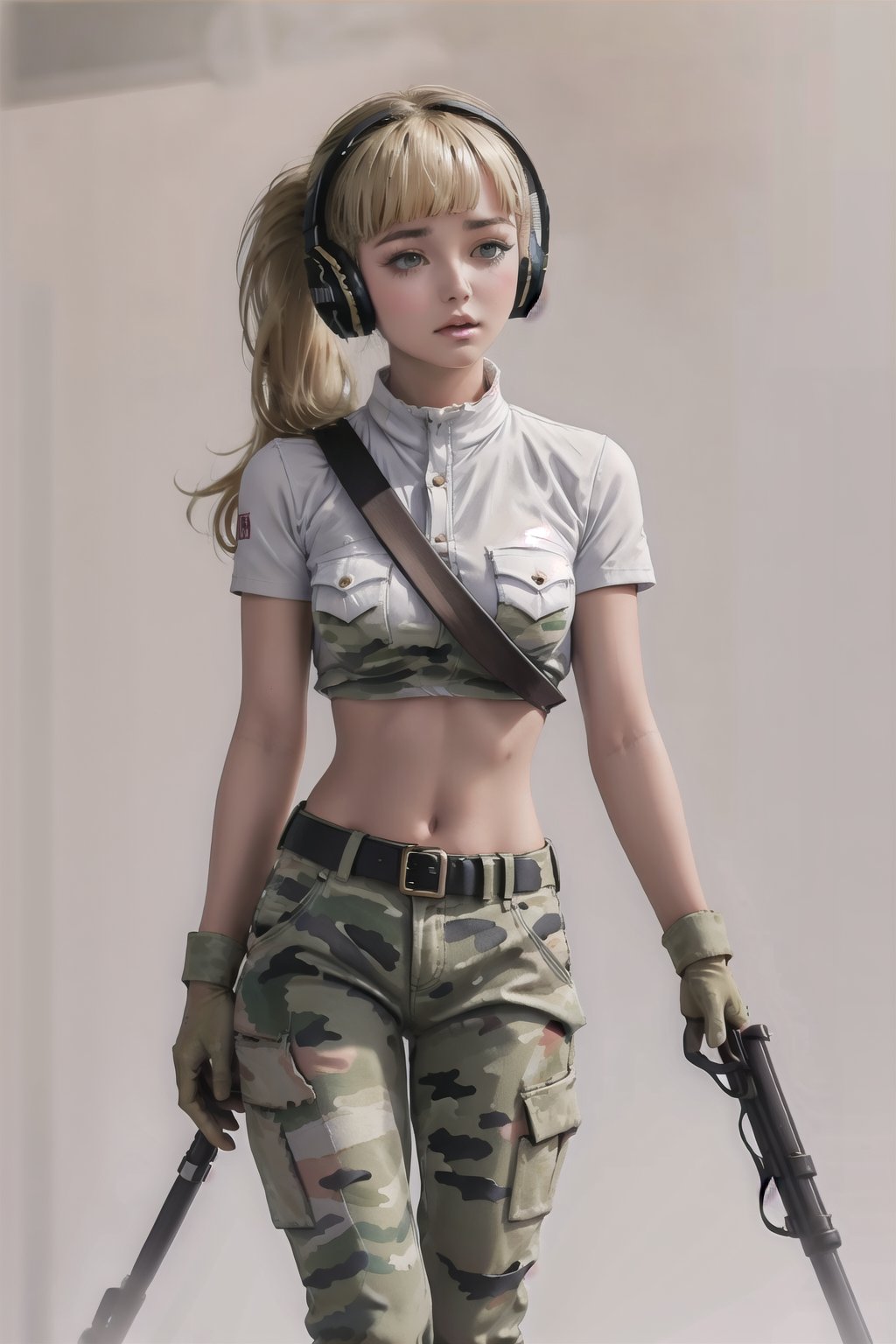 1girl, antique firearm, asymmetrical clothesbelt, blunt, bangs, blush, breast_pocket_camouflage, camouflage_pants, cropped_shirt, earmuffs, eyelashes, feet out of frame_firearm, firelock, flintlock, floating_hair, gloves, groin_gun, highres, holding, holding_gun, holding, weapon, legs_apart, long_hair, leg_lowleg, pants, midriff, navel, open.mouth, pants, pantyhose, pocket, rifle, shirt, short sleeves, sight (weapon)signature, single pantsleg, solo, standingstomach_sweat_toned, torn clothes.torn pants, v-shaped , eyebrows, weapon_wind,  sexy_pose,  blonde,  large breasts,  simple_background,  pony_tail,  thicc,<lora:EMS-88962-EMS:0.600000>