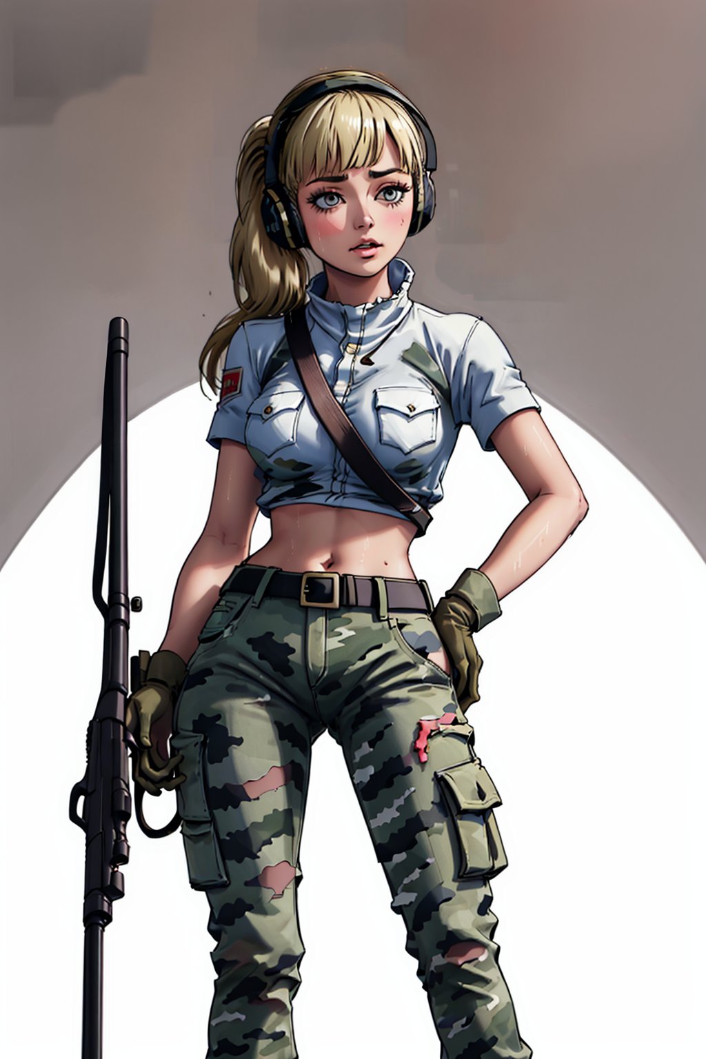 1girl, antique firearm, asymmetrical clothesbelt, blunt, bangs, blush, breast_pocket_camouflage, camouflage_pants, cropped_shirt, earmuffs, eyelashes, feet out of frame_firearm, firelock, flintlock, floating_hair, gloves, groin_gun, highres, holding, holding_gun, holding, weapon, legs_apart, long_hair, leg_lowleg, pants, midriff, navel, open.mouth, pants, pantyhose, pocket, rifle, shirt, short sleeves, sight (weapon)signature, single pantsleg, solo, standingstomach_sweat_toned, torn clothes.torn pants, v-shaped , eyebrows, weapon_wind,  sexy_pose,  blonde,  large breasts,  simple_background,  pony_tail,  thicc,<lora:EMS-88962-EMS:0.600000>