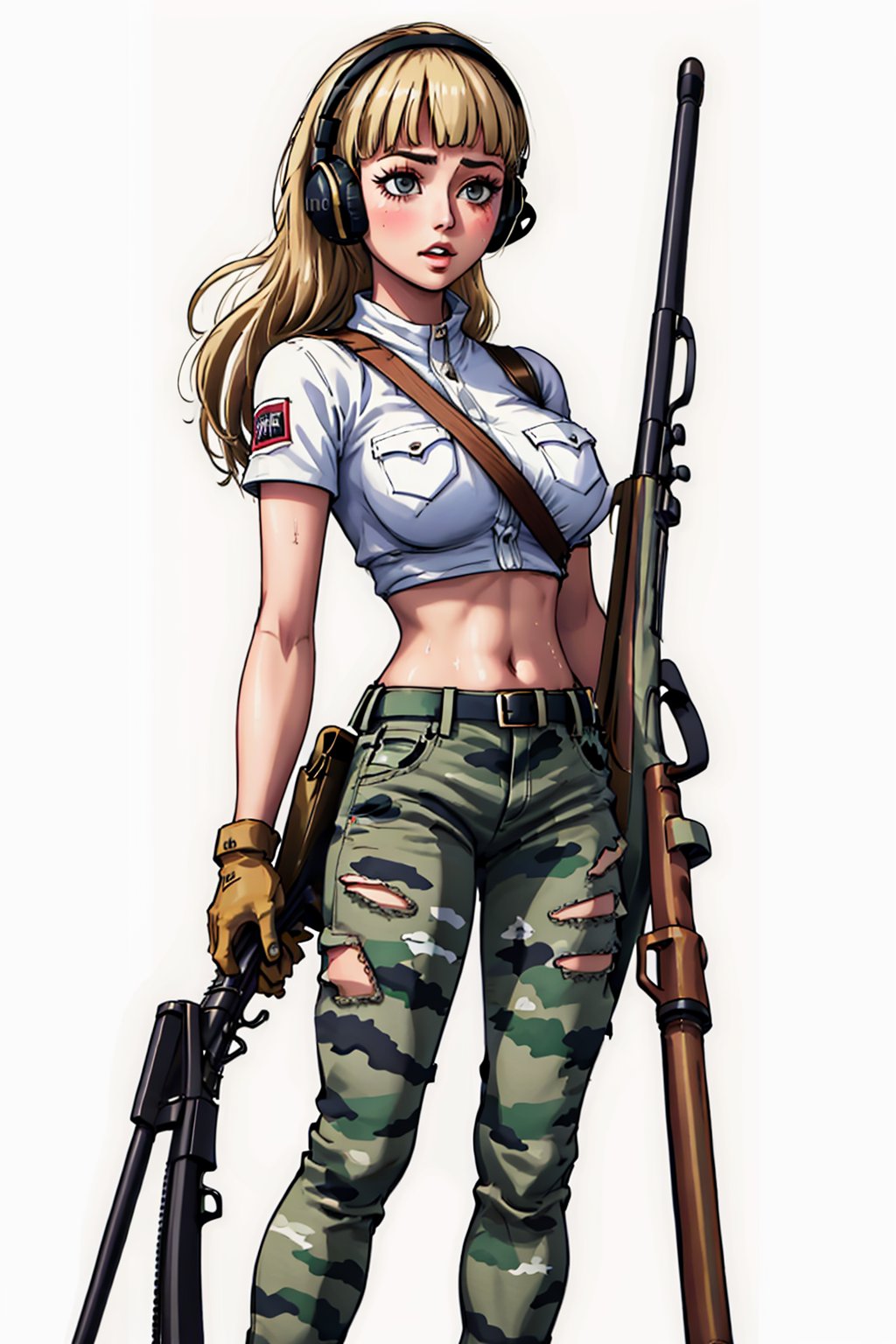 1girl, antique firearm, asymmetrical clothesbelt, blunt bangs, blush, breast pocketcamouflagecamouflage pants, cropped shirt, earmuffs, eyelashes, feet out of frame_firearm, firelock, flintlock, floating_hair, gloves, groin_gun, highres, holding, holding_gun, holding, weapon, legs_apart, long_hair, leg_lowleg, pants, midriff, navel, open.mouth, pants, pantyhose, pocket, rifle, shirt, short sleeves, sight (weapon)signature, single pantsleg, solo, standingstomach_sweat_toned, torn clothes.torn pants, v-shaped , eyebrows, weapon_wind,  sexy_pose,  blonde,  large breasts,  simple_background,<lora:EMS-88962-EMS:0.600000>